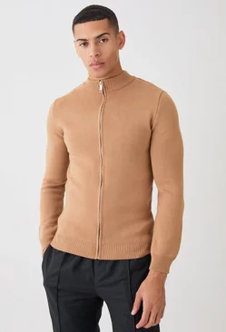 Muscle Fit Zip Through Knitted Jacket Tan