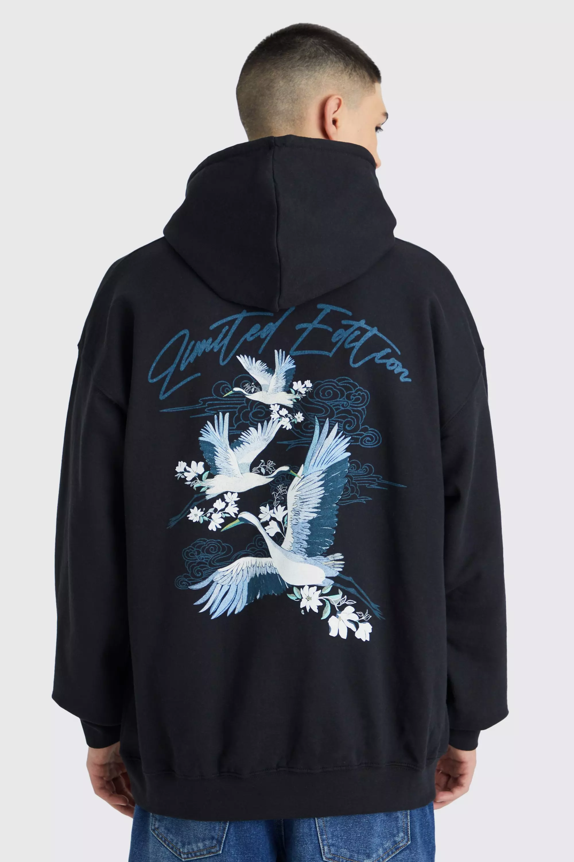 Oversized Bird Graphic Hoodie Black