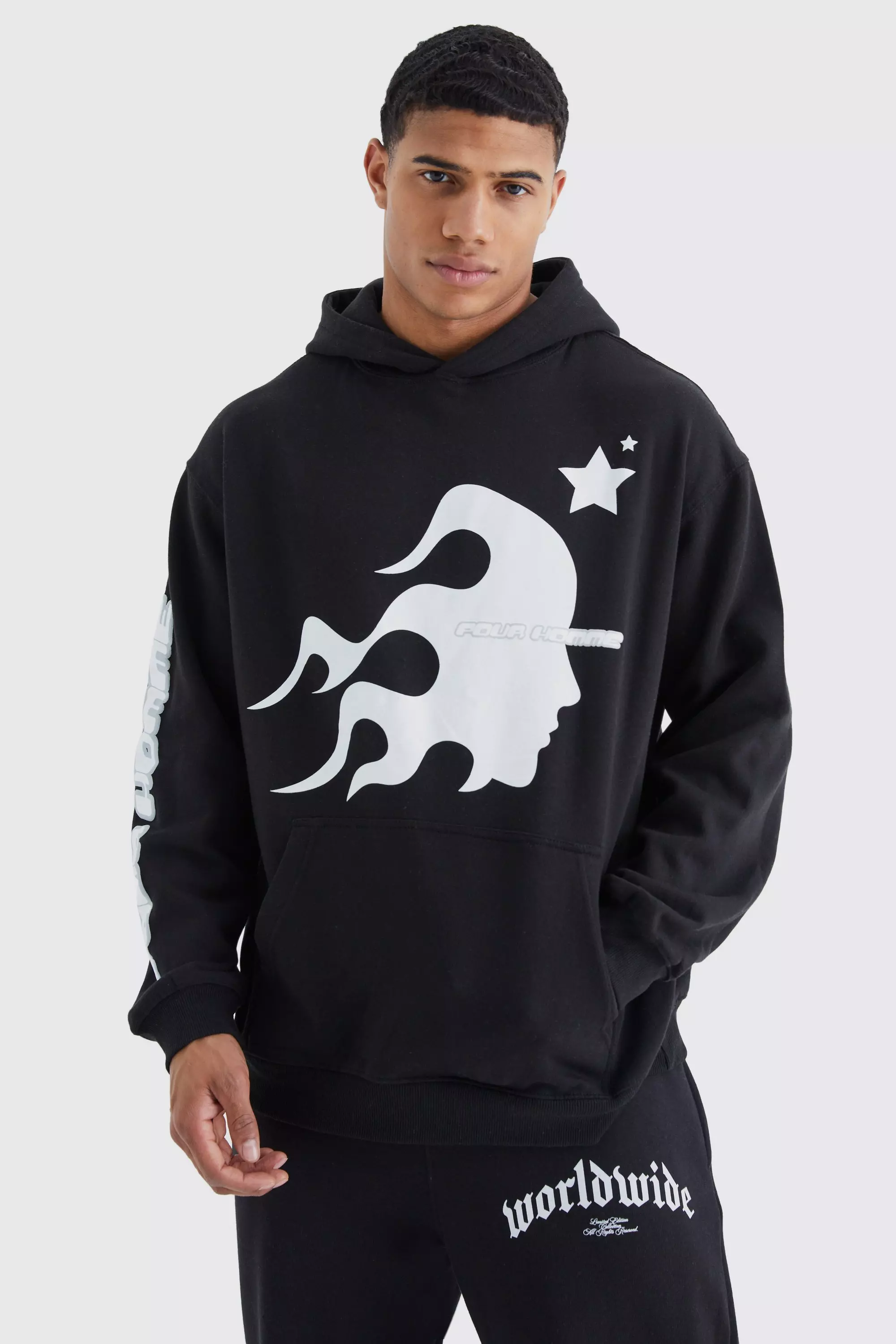 Black Oversized Homme Graphic Puff Print Hoodie