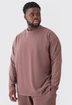 Chocolate Brown Plus Oversized Extended Neck Acid Wash Long Sleeve T-shirt
