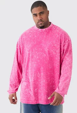 Plus Oversized Extended Neck Acid Wash Long Sleeve T-shirt Pink