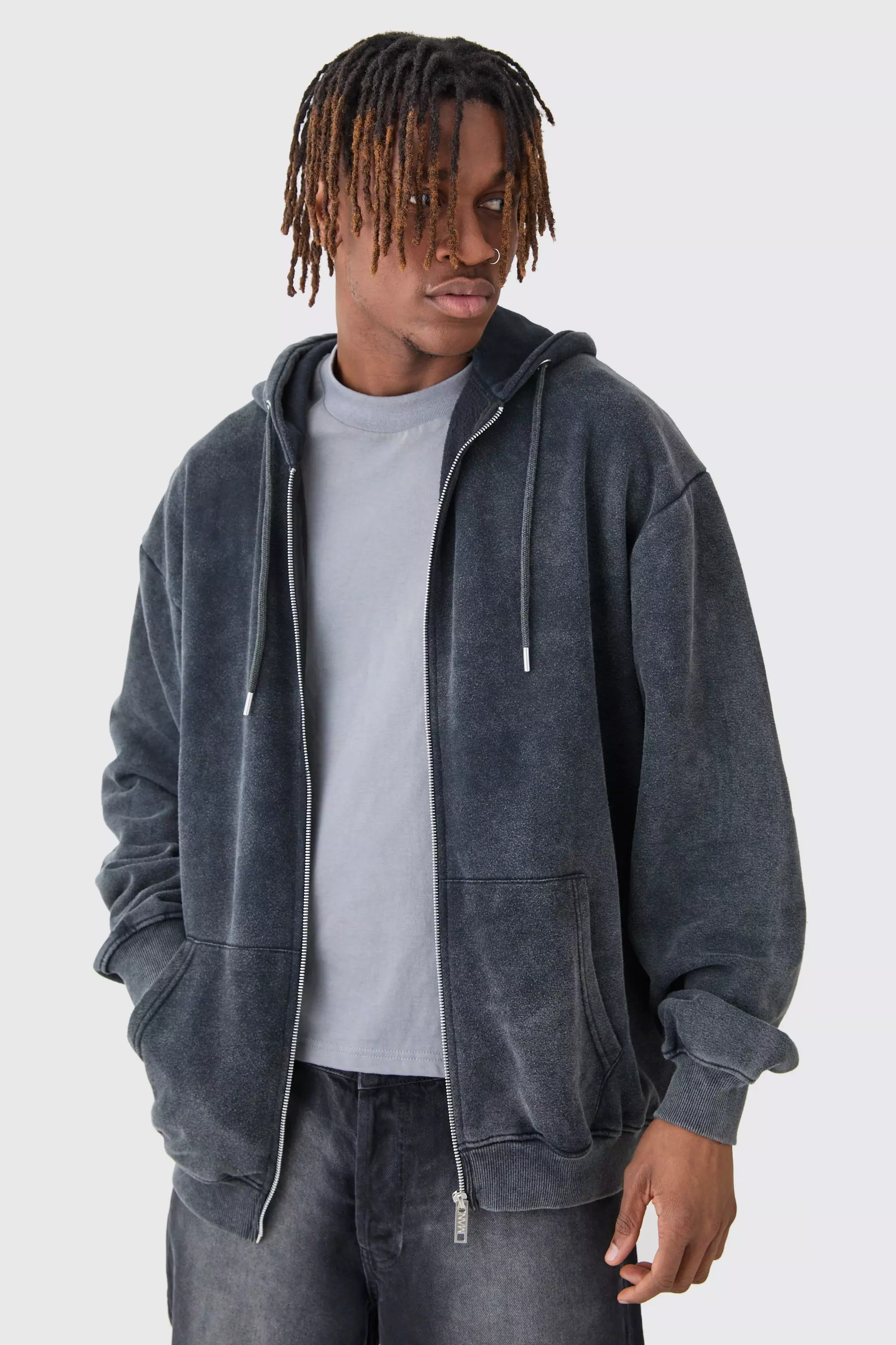 Plus Oversized Zip Through Laundered Wash Hoodie Charcoal