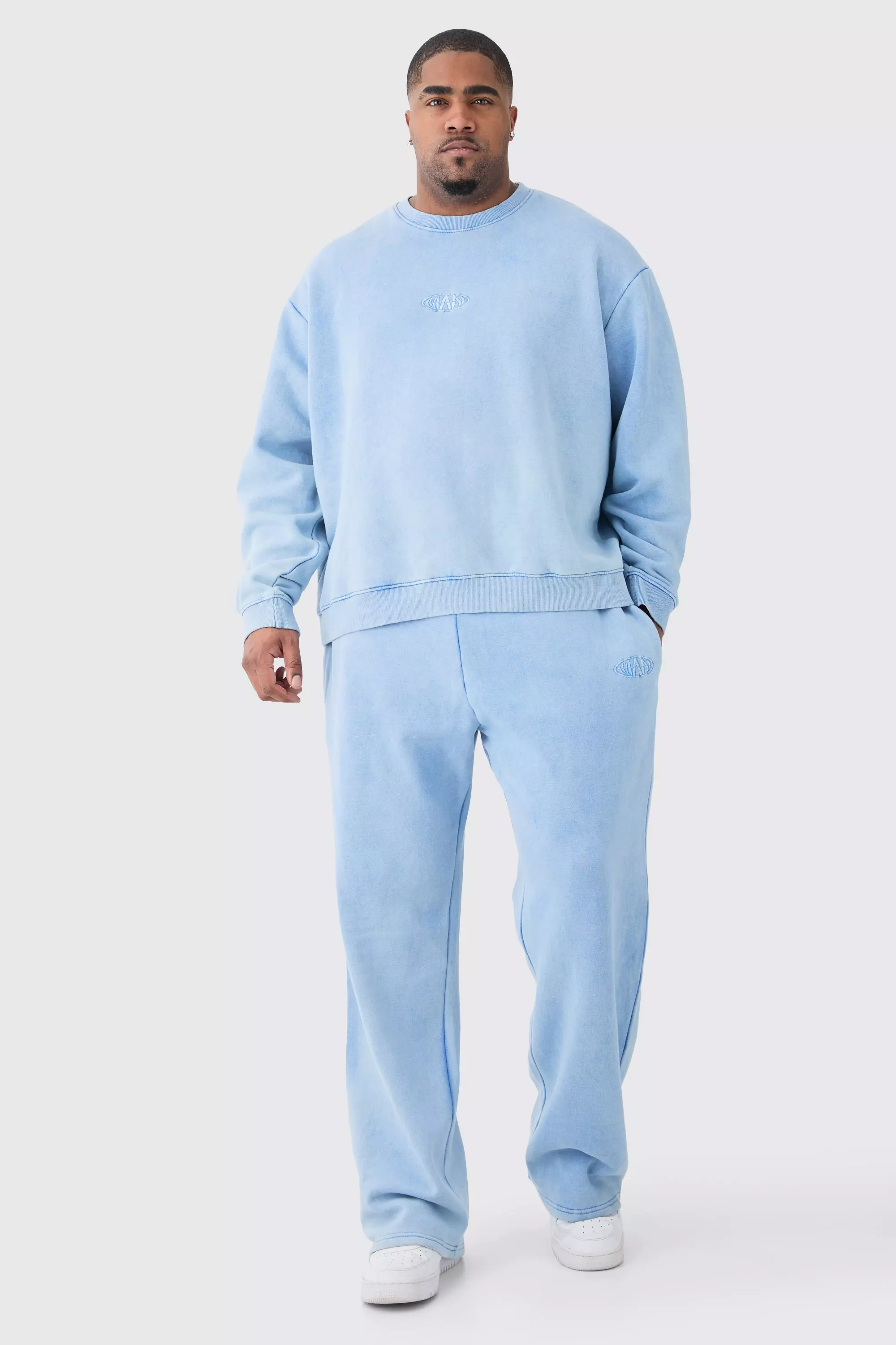 Plus Man Oversized Boxy Acid Wash Sweatshirt Tracksuit cornflower blue