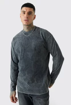 Tall Oversized Extended Neck Acid Wash Long Sleeve T-shirt Charcoal