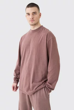 Chocolate Brown Tall Oversized Extended Neck Acid Wash Long Sleeve T-shirt