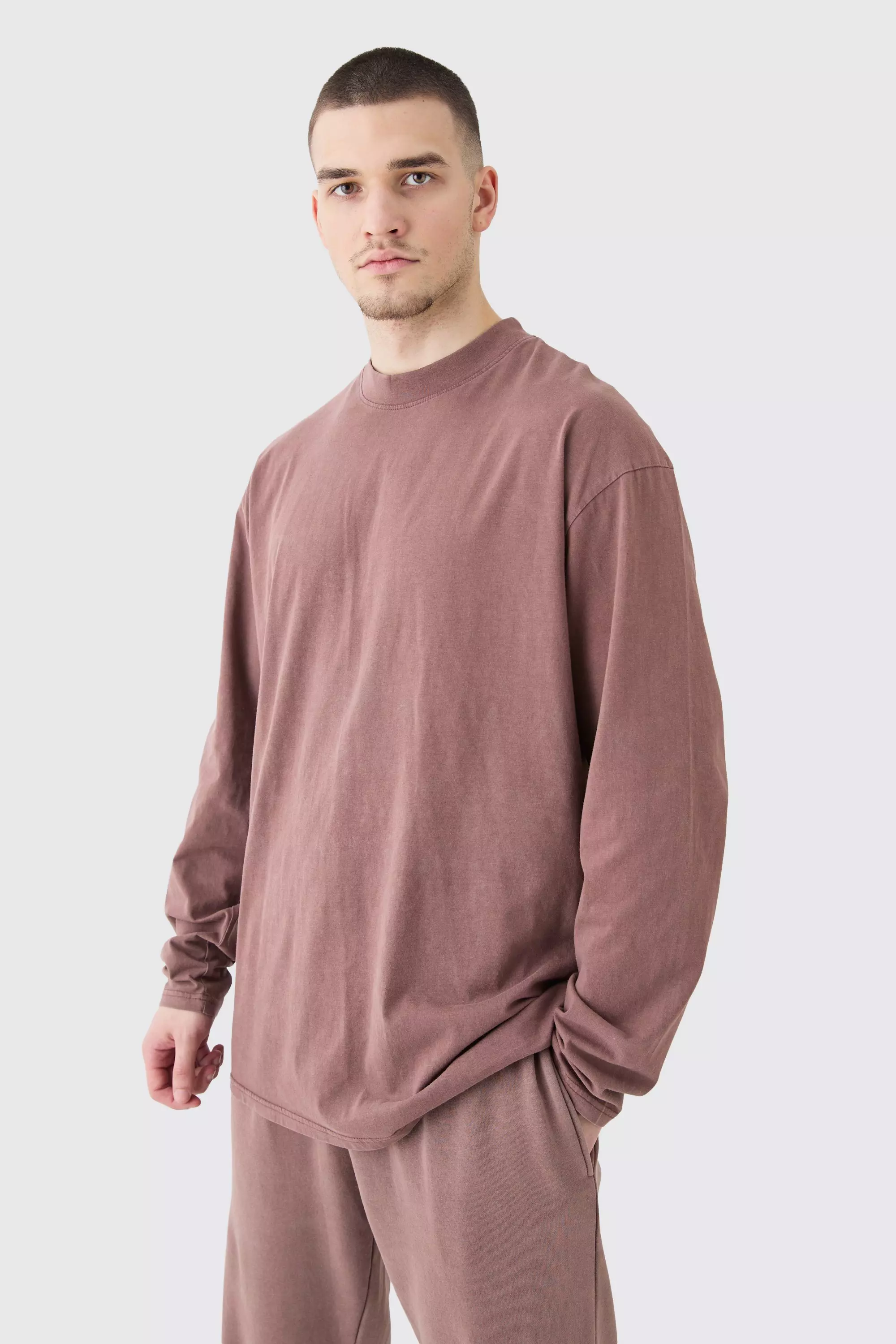 Tall Oversized Extended Neck Acid Wash Long Sleeve T-shirt Chocolate