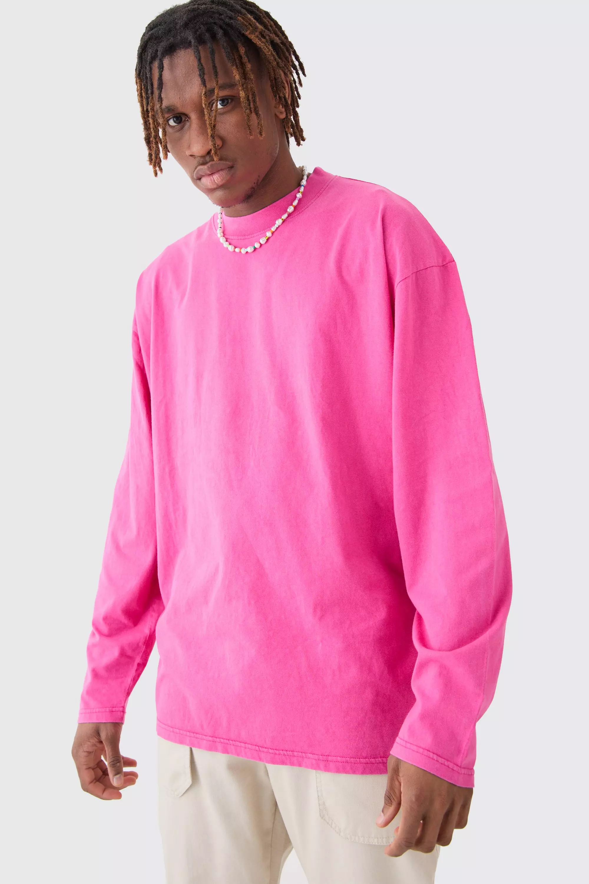 Tall Oversized Extended Neck Acid Wash Long Sleeve T-shirt Pink