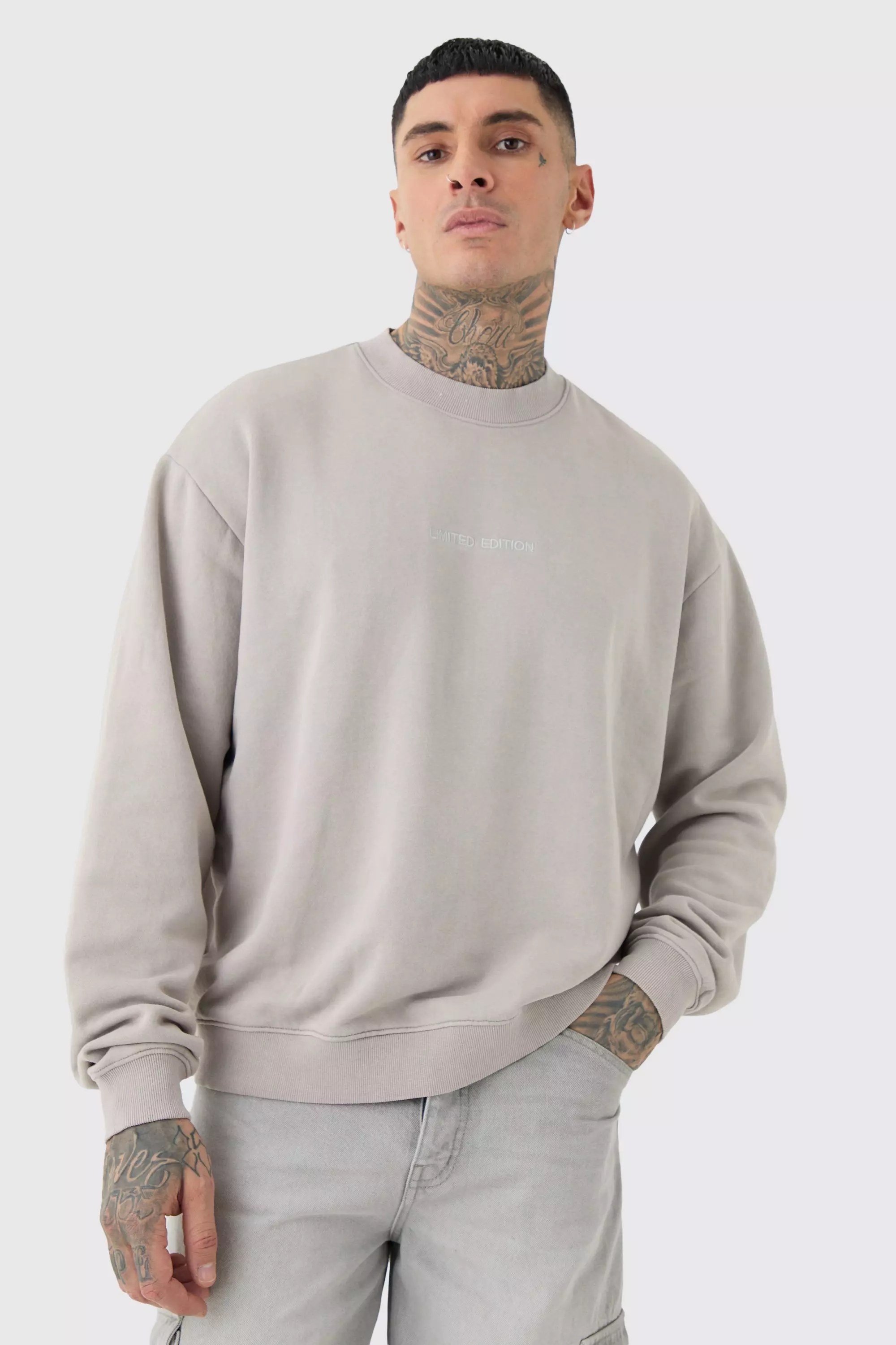 Tall Oversized Limited Boxy Acid Wash Sweatshirt Light grey