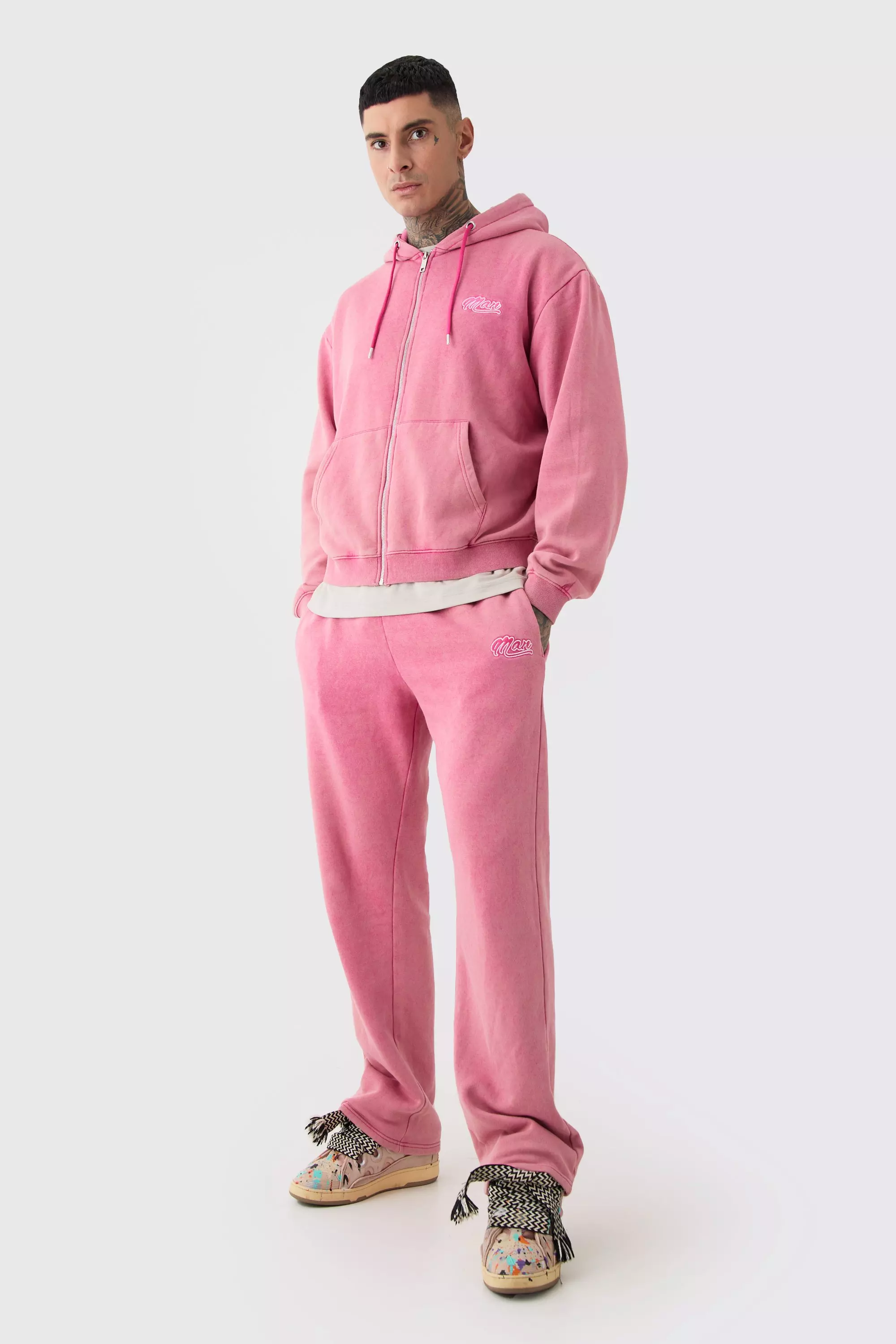 Tall Oversized Man Boxy Zip Hooded Acid Wash Tracksuit Pink