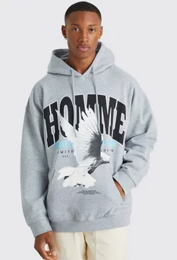 Oversized Homme Dove Graphic Hoodie Grey marl