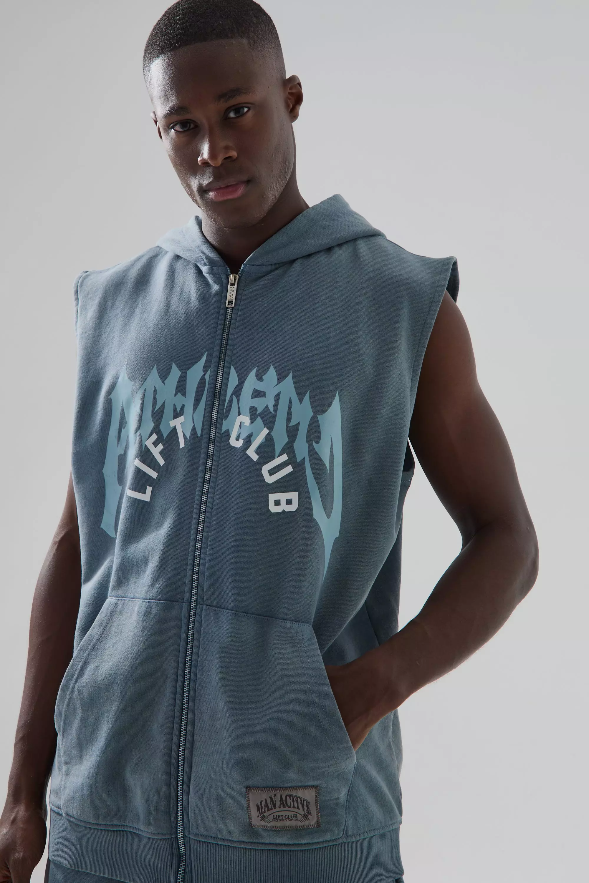 Man Active Oversized Washed Sleeveless Hoodie Blue