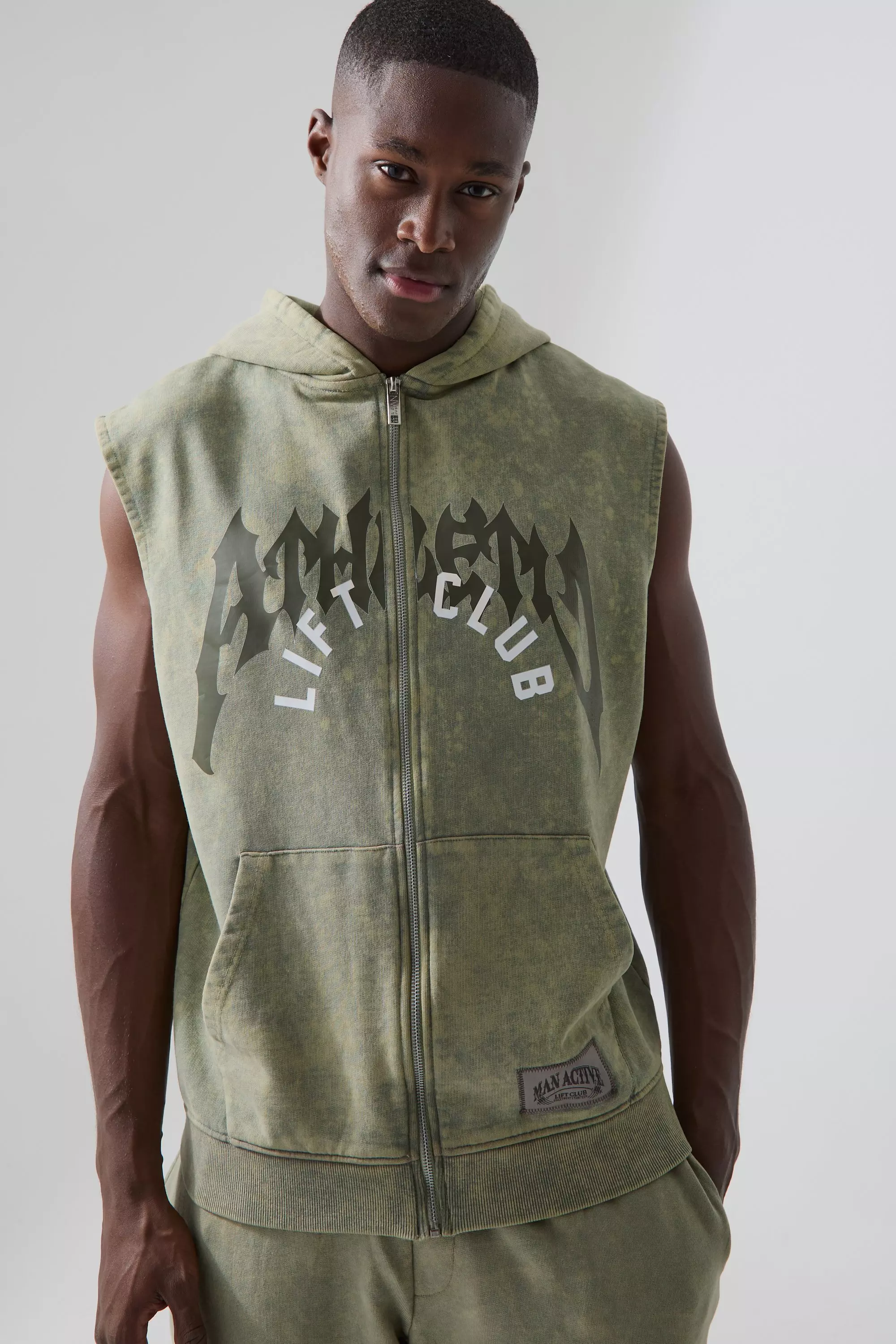 Man Active Oversized Washed Sleeveless Hoodie Khaki