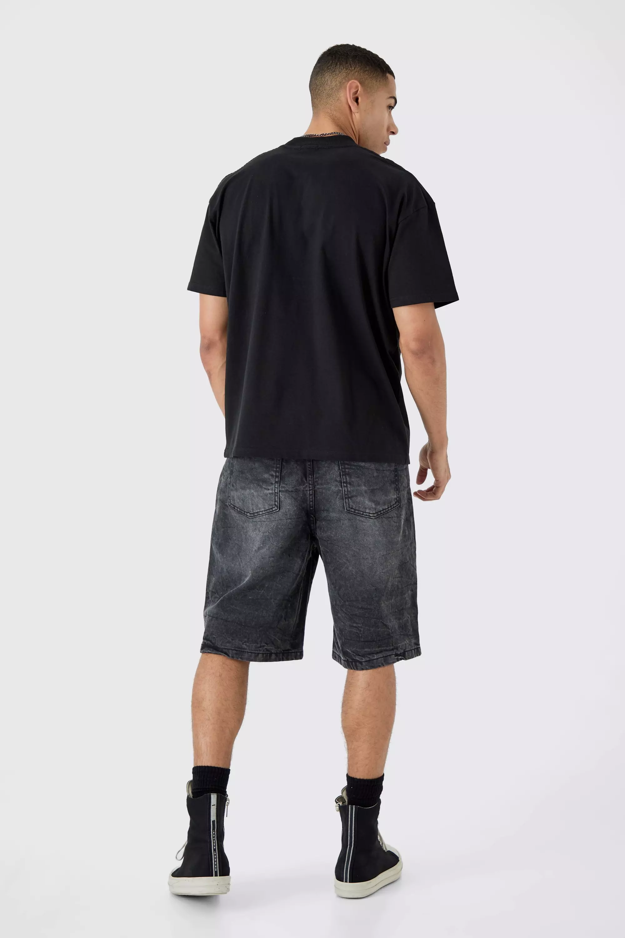 Denim Jorts In Washed Black | boohooMAN USA