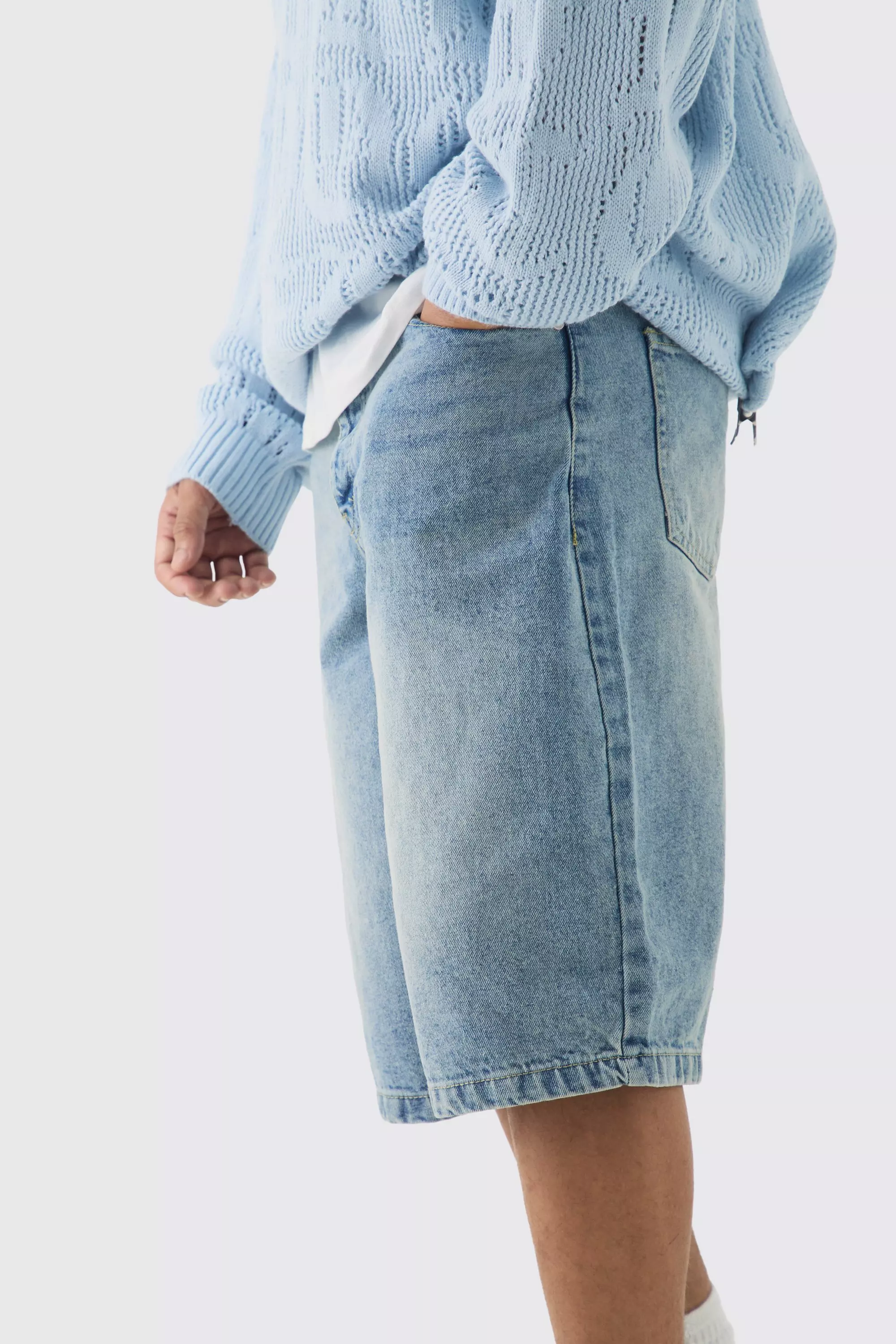 Denim Jorts In Light Blue Wash | boohooMAN USA