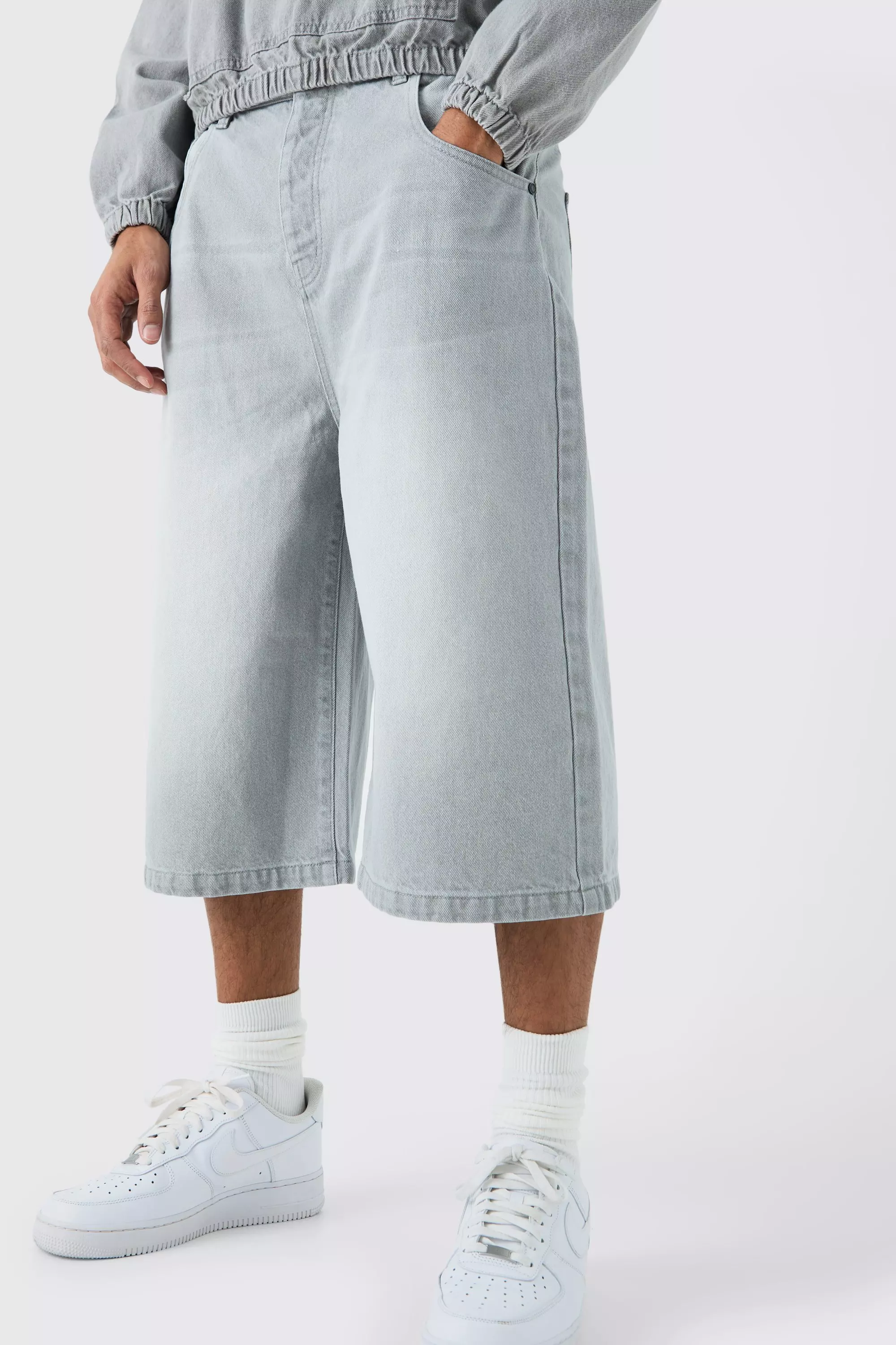 Grey Long Line Denim Jorts In Grey Wash