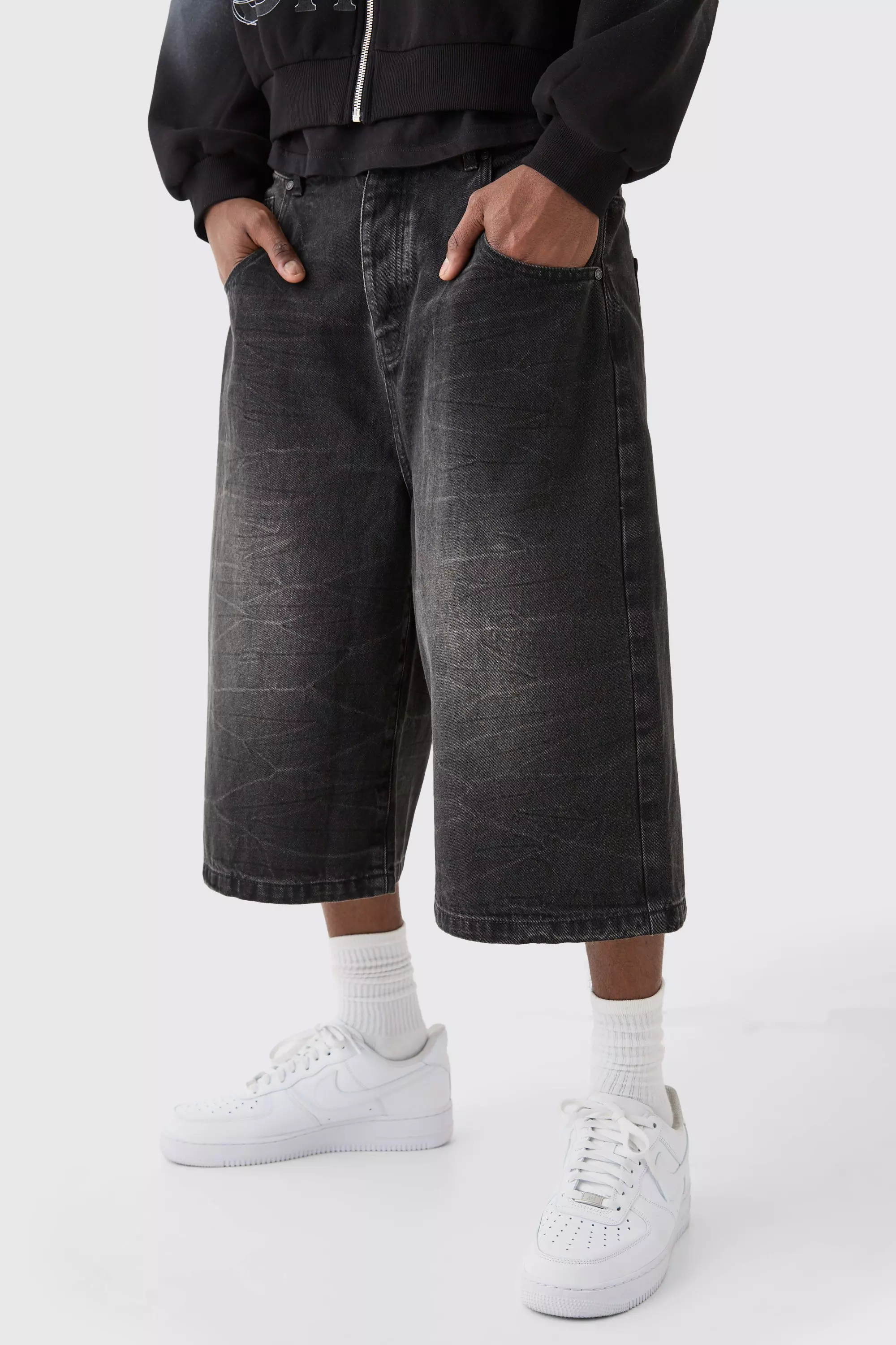 Grey Long Line Denim Jorts In Washed Black