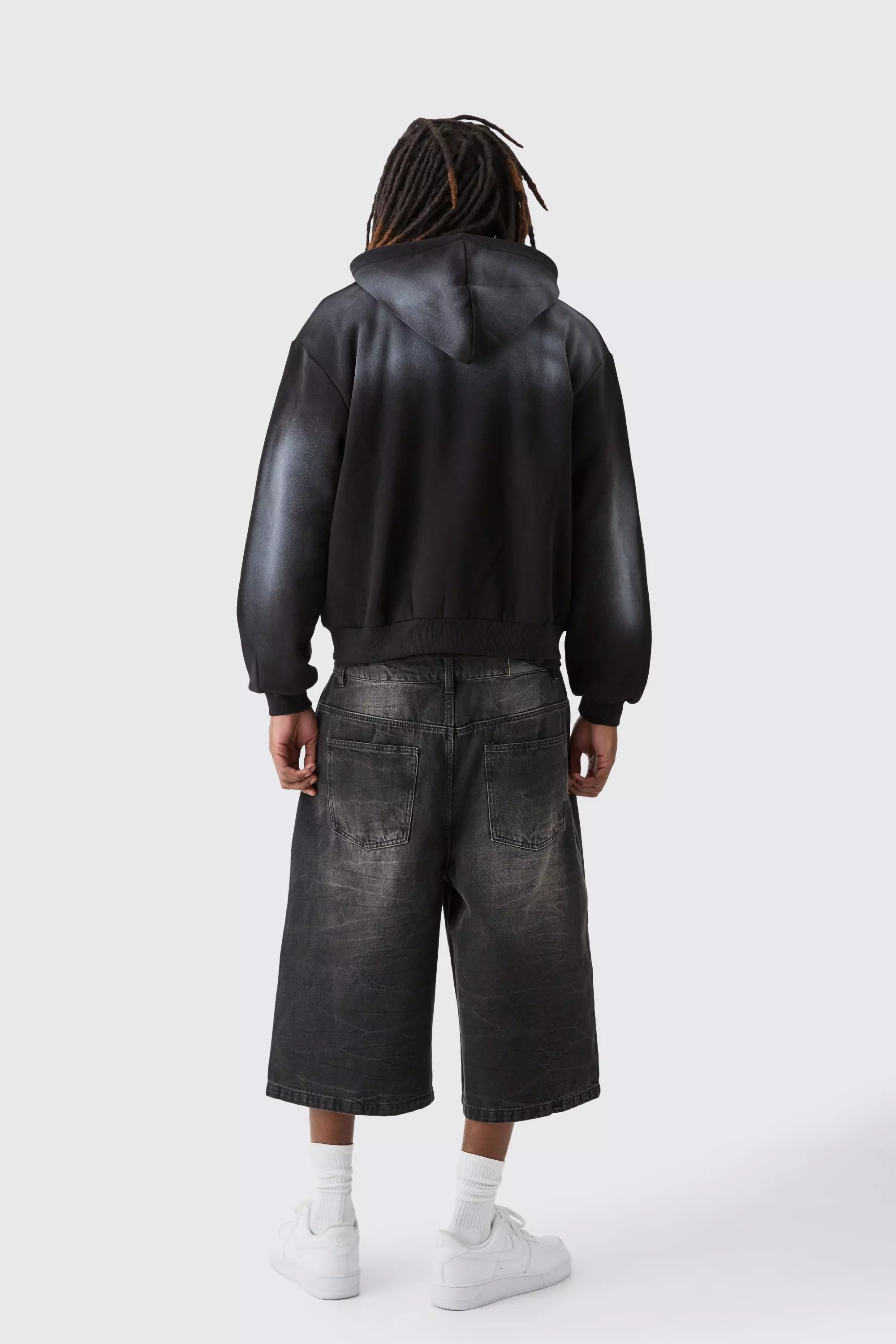 Long Line Denim Jorts In Washed Black | boohooMAN USA