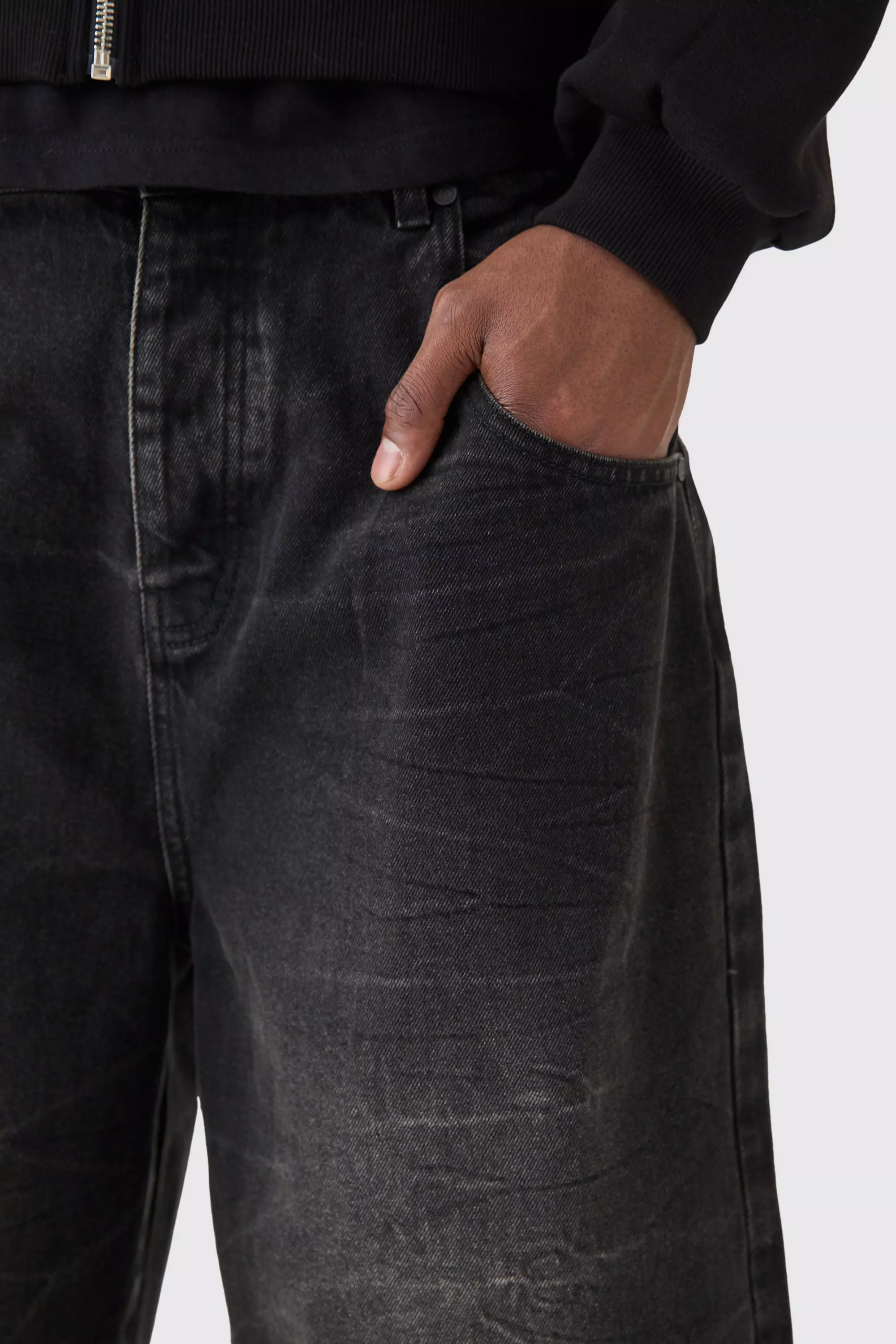 Long Line Denim Jorts In Washed Black | boohooMAN USA