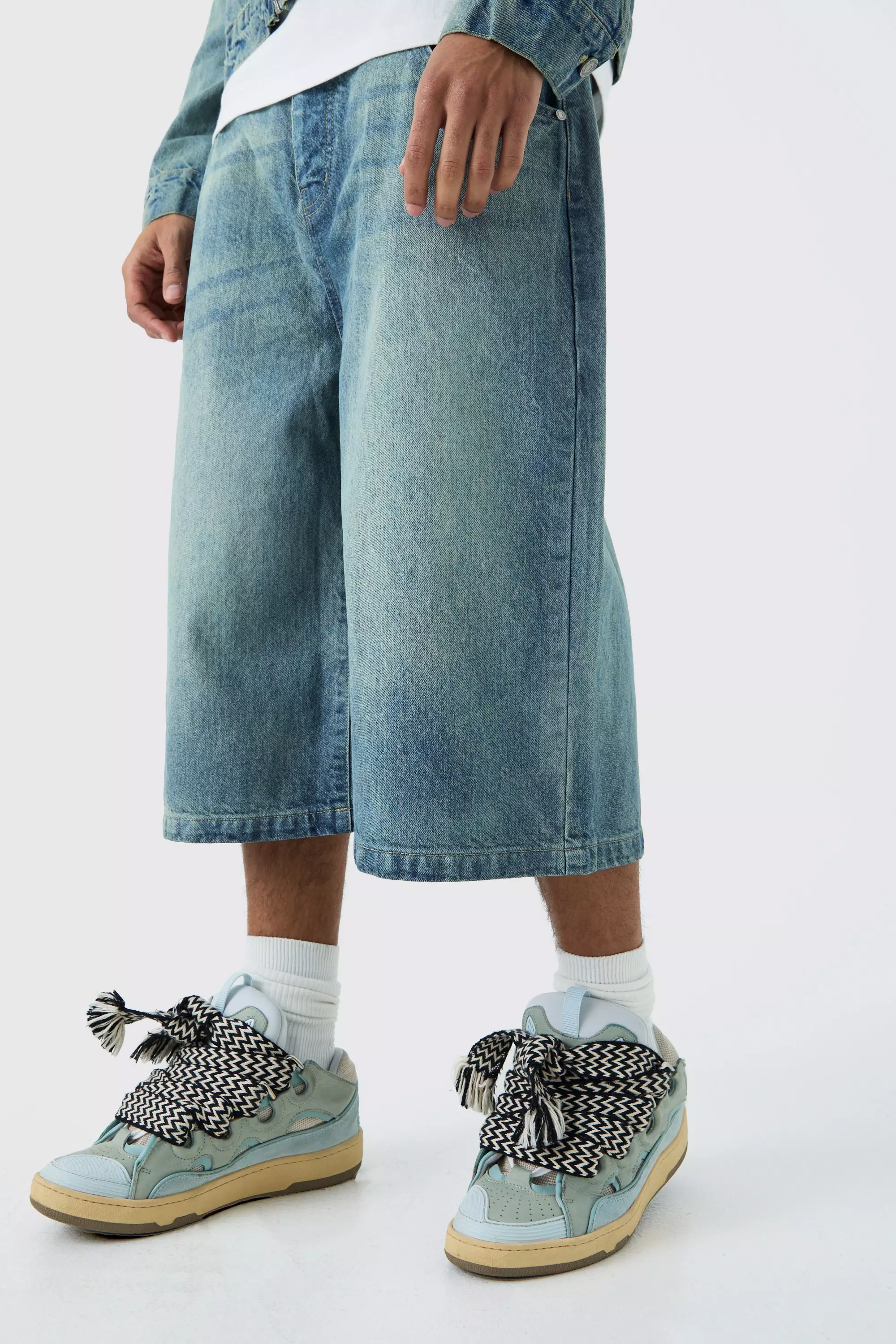 Blue Long Line Denim Jorts In Antique Blue Wash