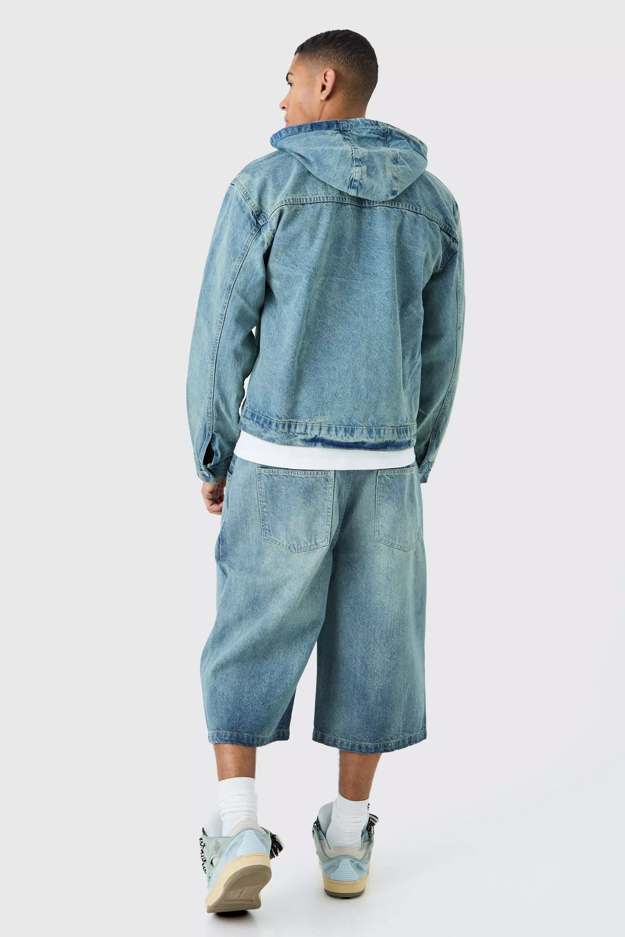Long Line Denim Jorts In Antique Blue Wash | boohooMAN USA