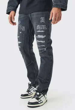 Ash Grey Slim Rigid Applique Distressed Jeans