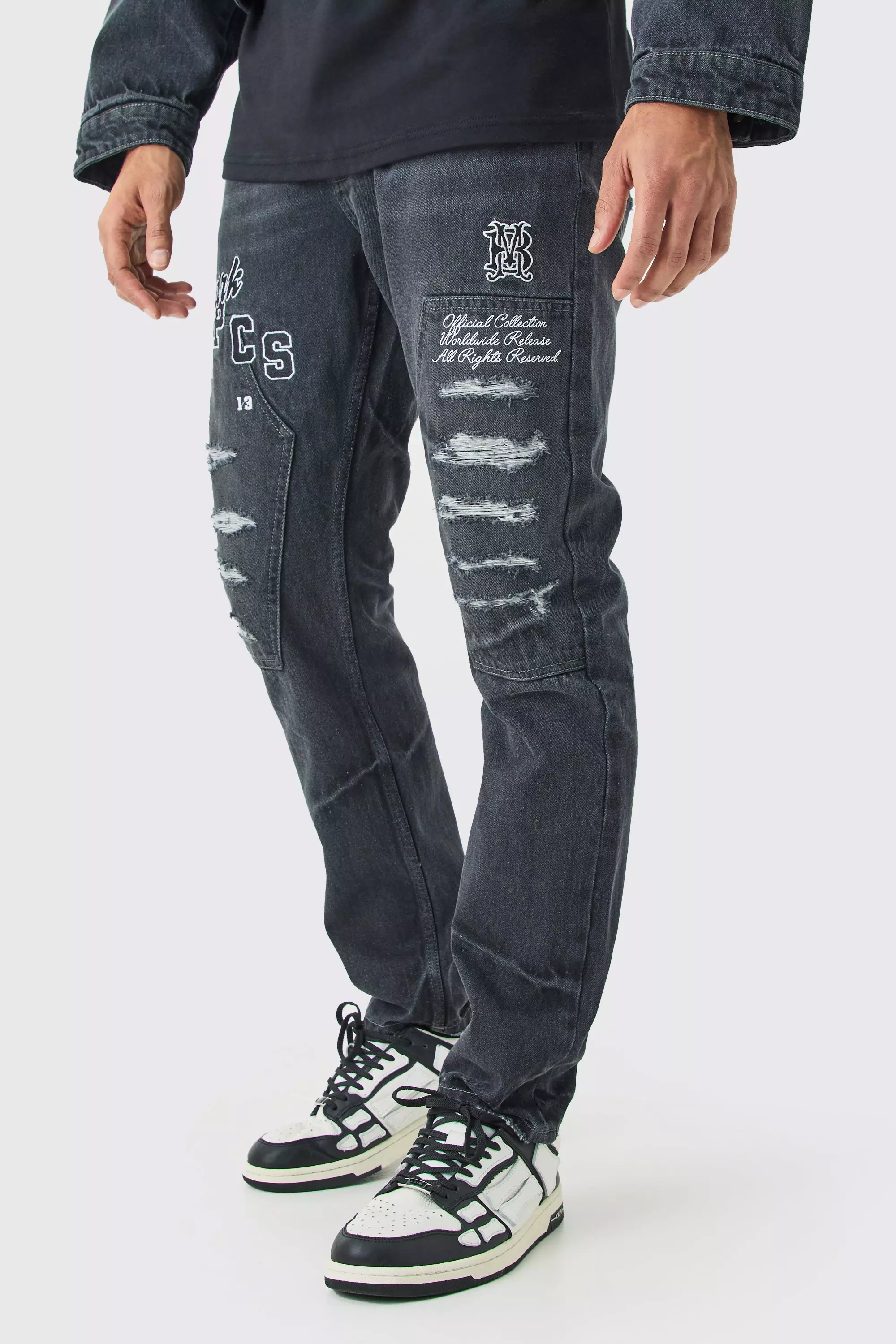 Ash Grey Slim Rigid Applique Distressed Jeans