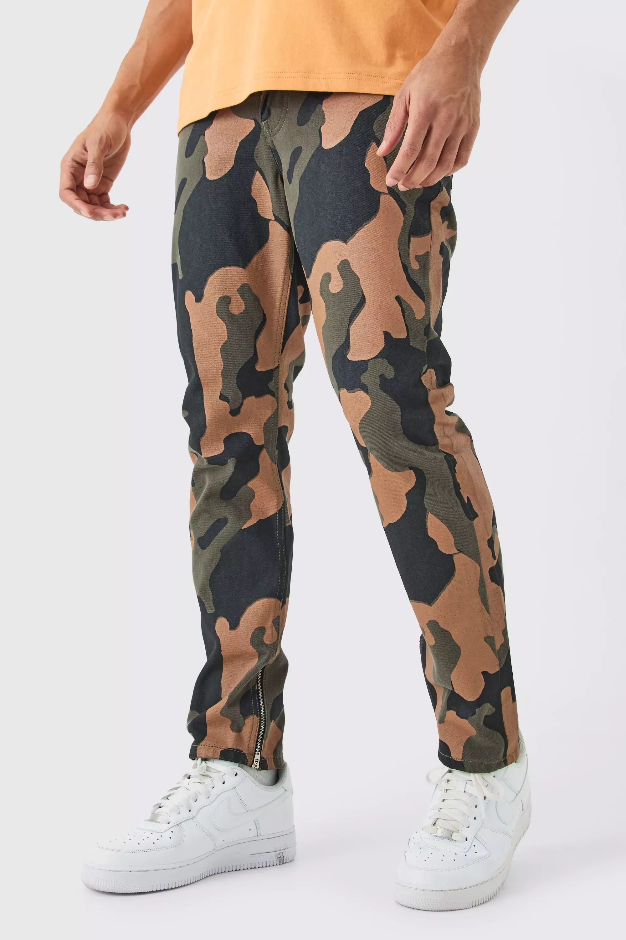 Slim Rigid Camo Zip Hem Jeans Brown