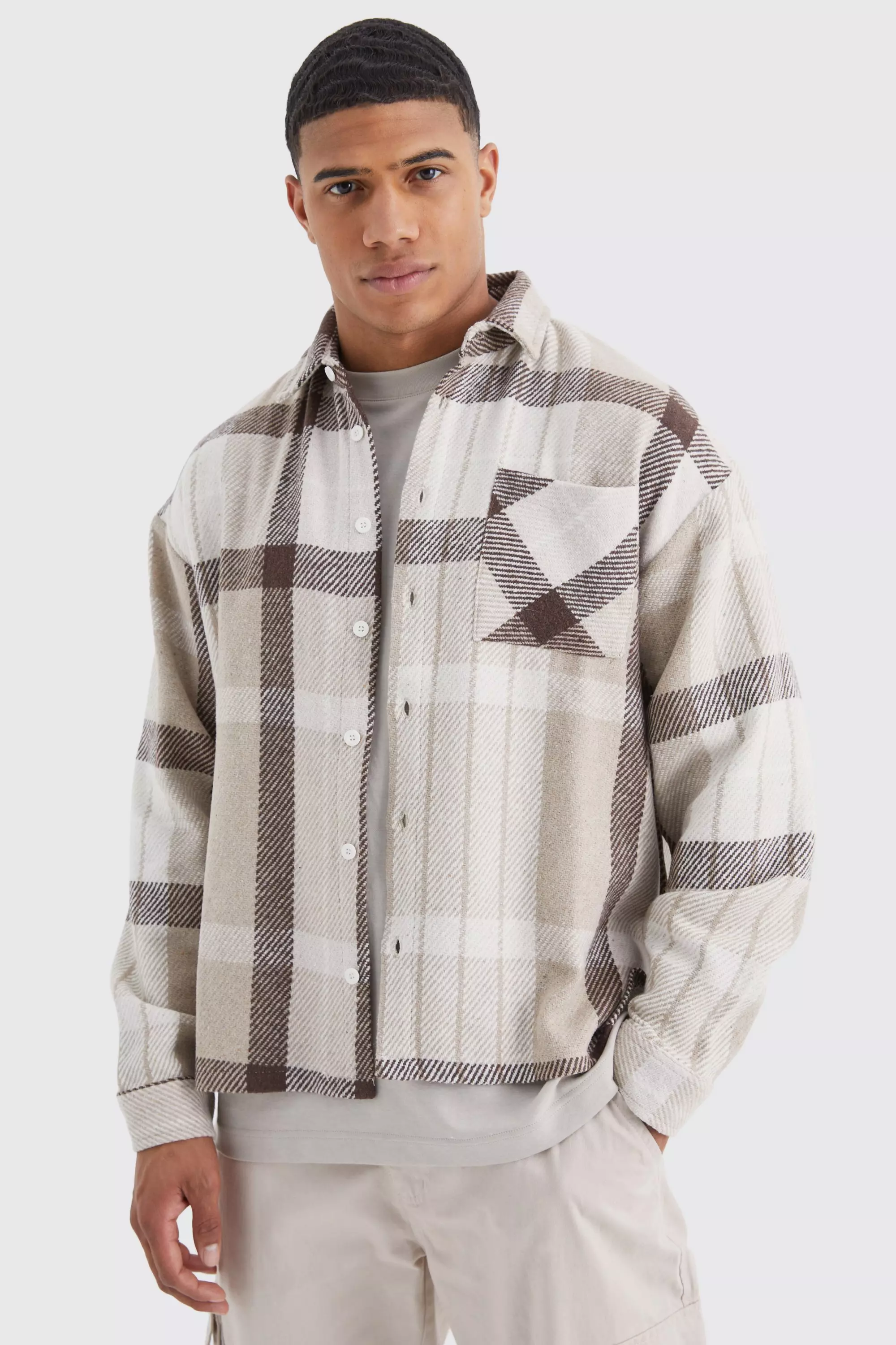 Boxy Split Hem Brushed Check Overshirt Multi