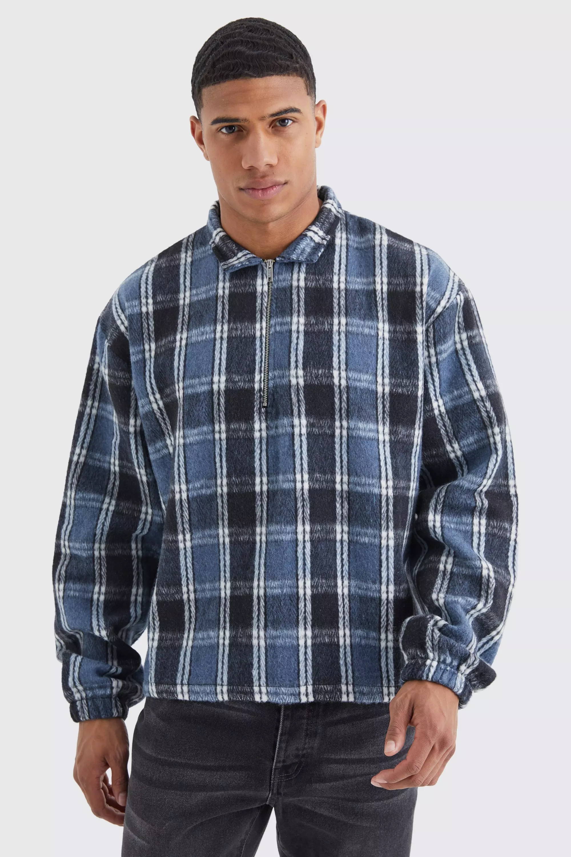 Quarter Zip Boxy Fleece Plaid Overshirt Multi