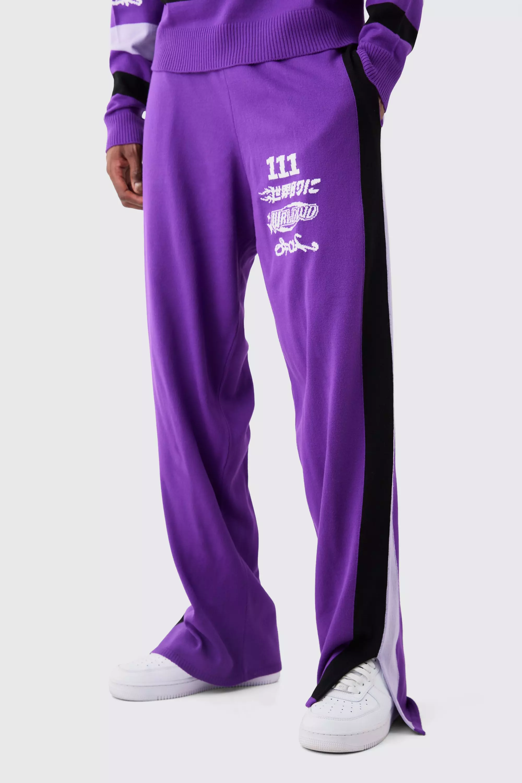 Relaxed Fit Moto Ribbed Knitted Joggers Purple