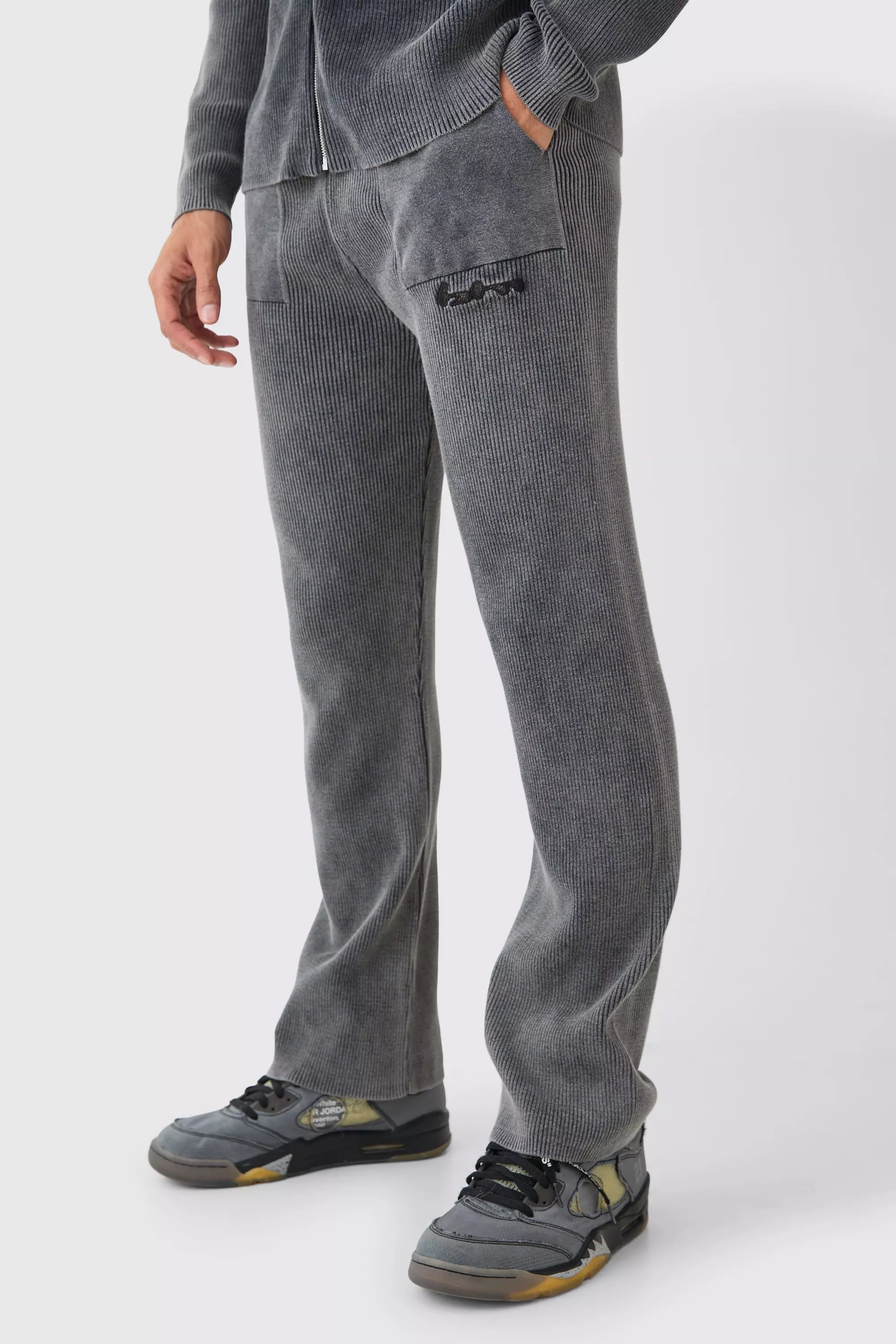 Regular Fit Acid Wash Ribbed Knitted Sweatpants Grey