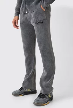Grey Relaxed Fit Acid Wash Ribbed Knitted Joggers