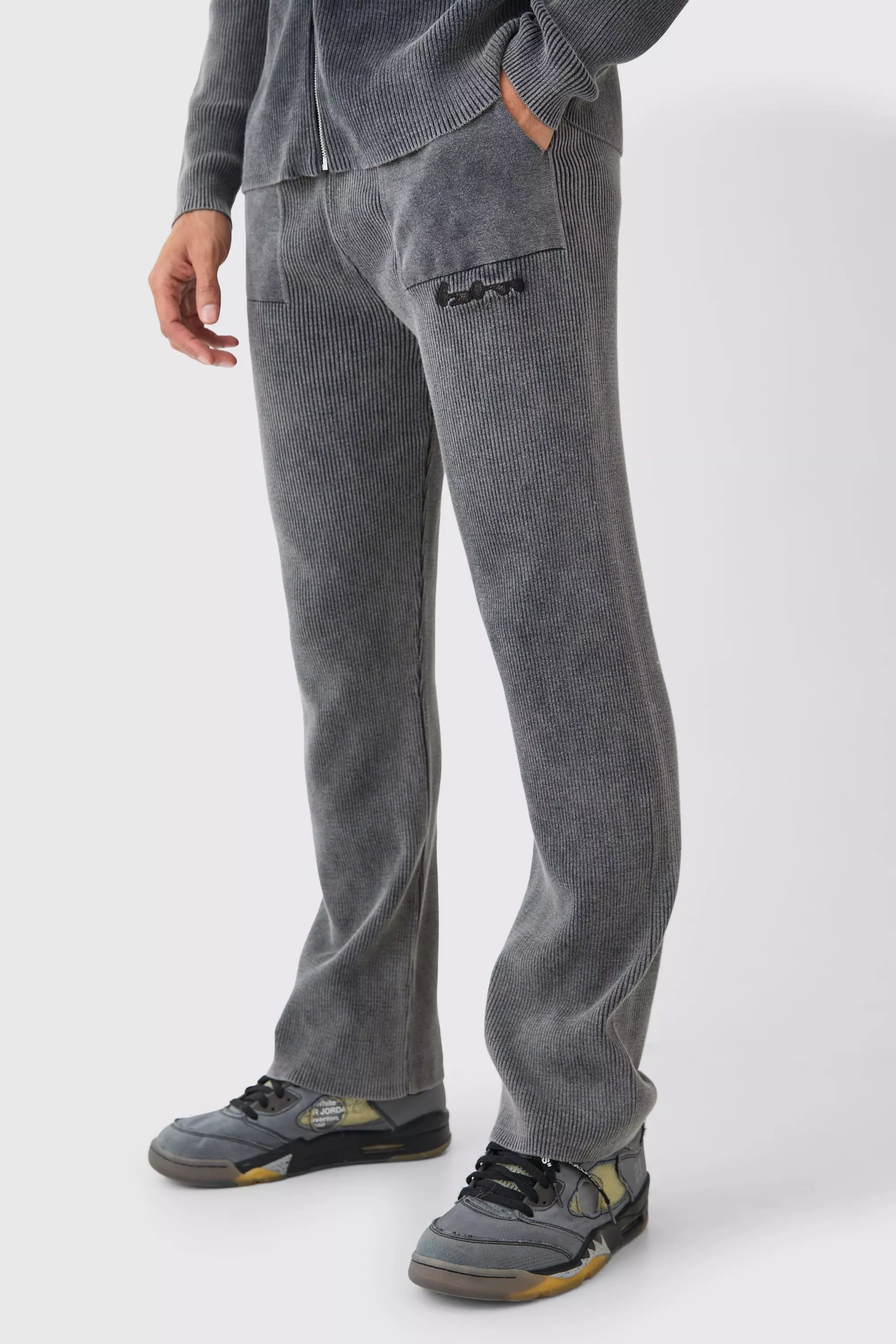 Relaxed Fit Acid Wash Ribbed Knitted Joggers Grey