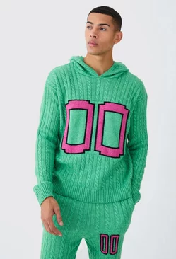 Boxy 00 Brushed Cable Knitted Hoodie Green