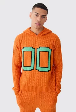 Boxy 00 Brushed Cable Knitted Hoodie Orange