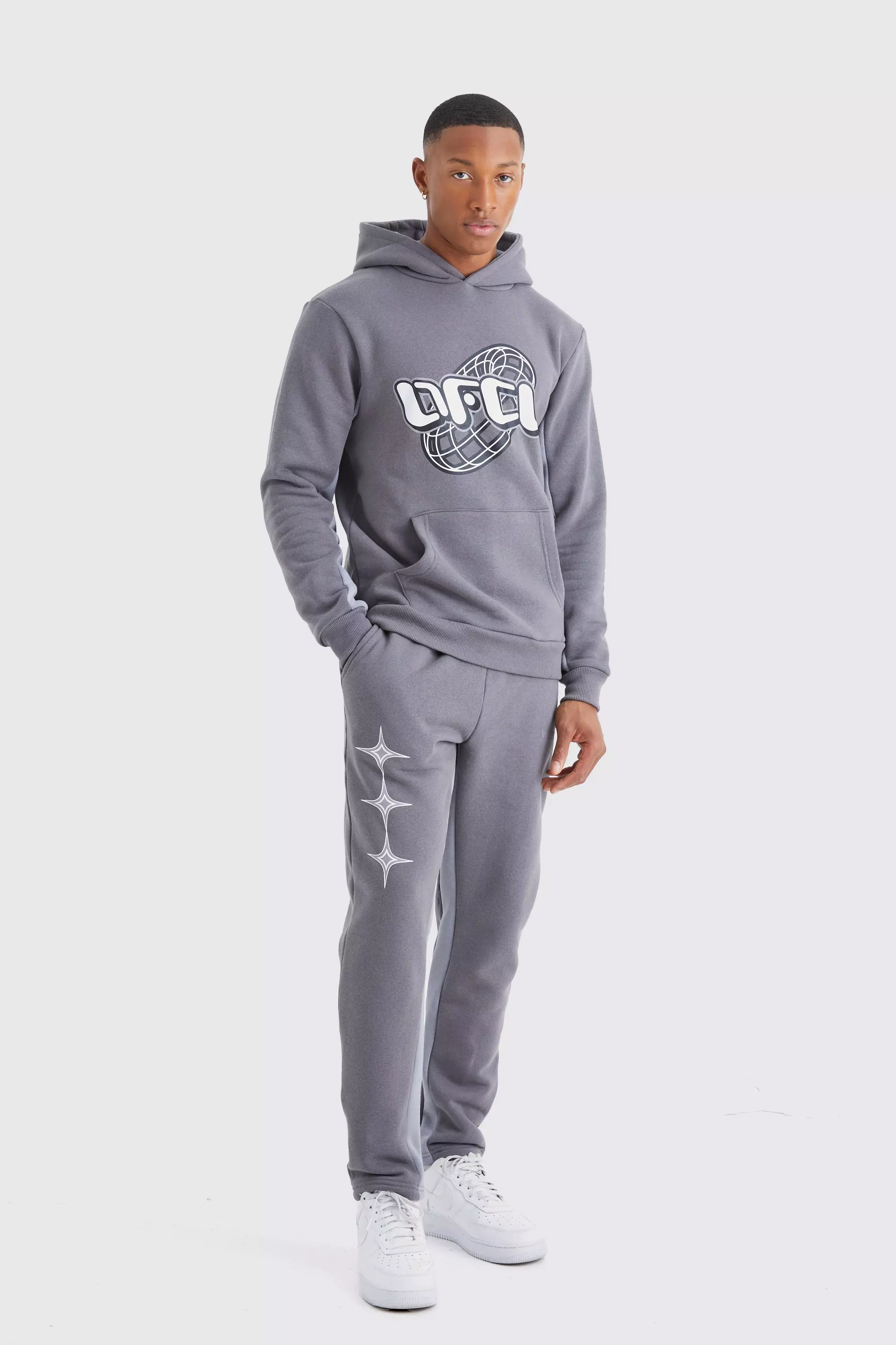 Grey Taped Hoodie And Pant Tracksuit Set