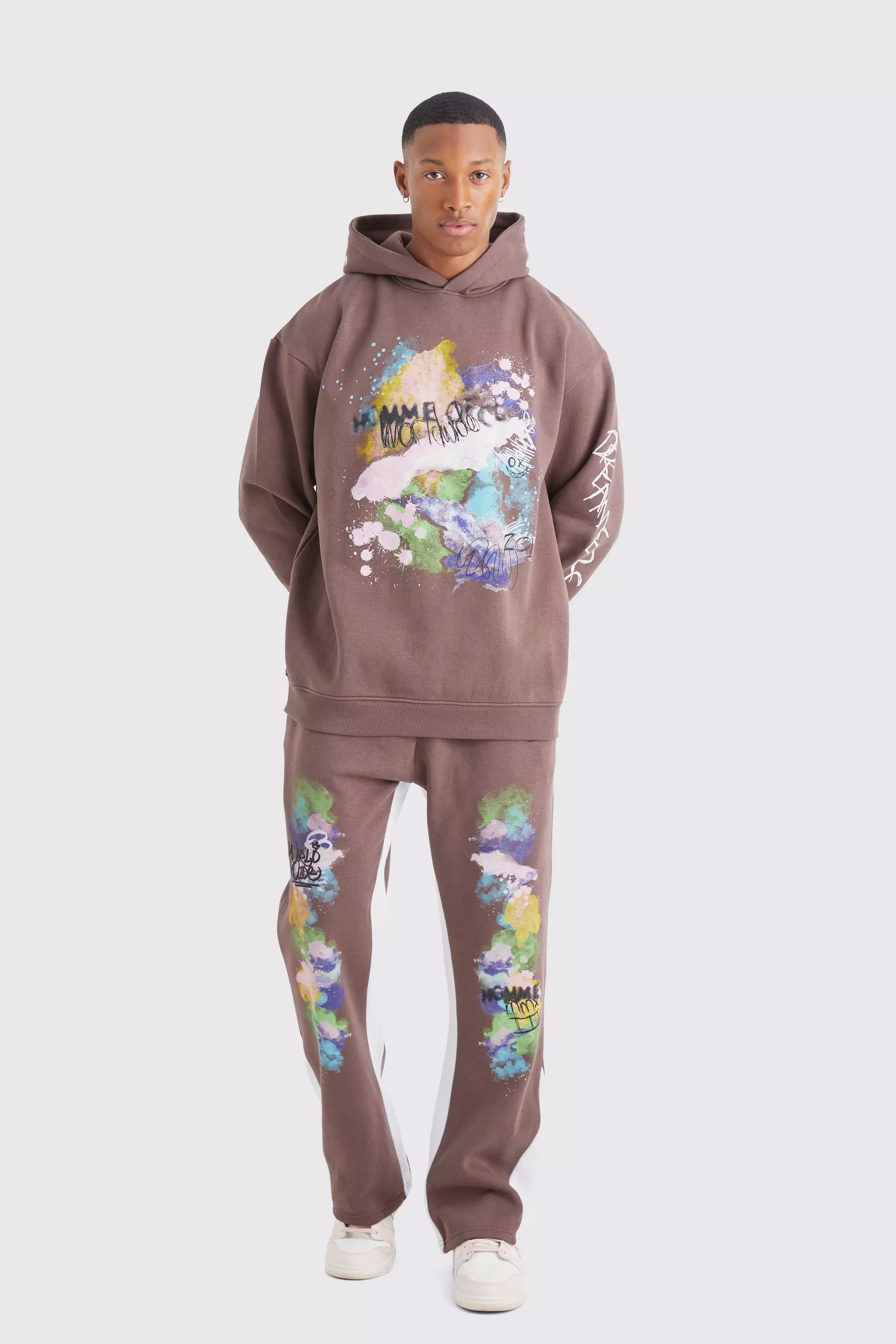 Chocolate Brown Oversized Graffiti Printed Gusset Tracksuit