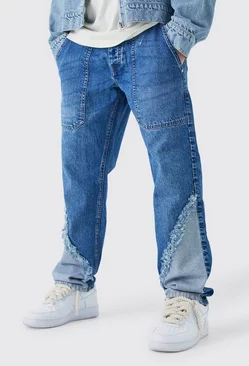 Blue Relaxed Rigid Frayed Spliced Jeans In Mid Blue