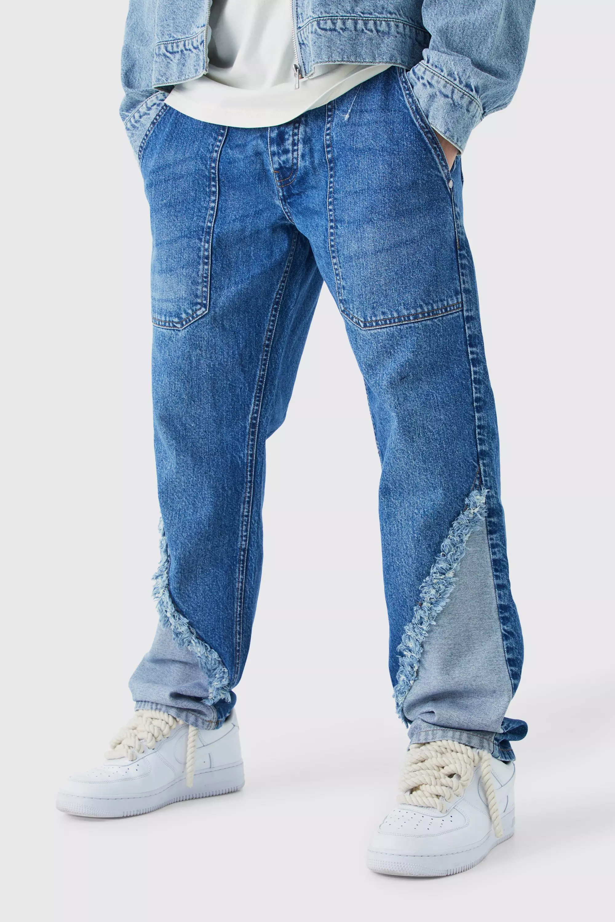 Relaxed Rigid Frayed Spliced Jeans In Mid Blue Mid blue