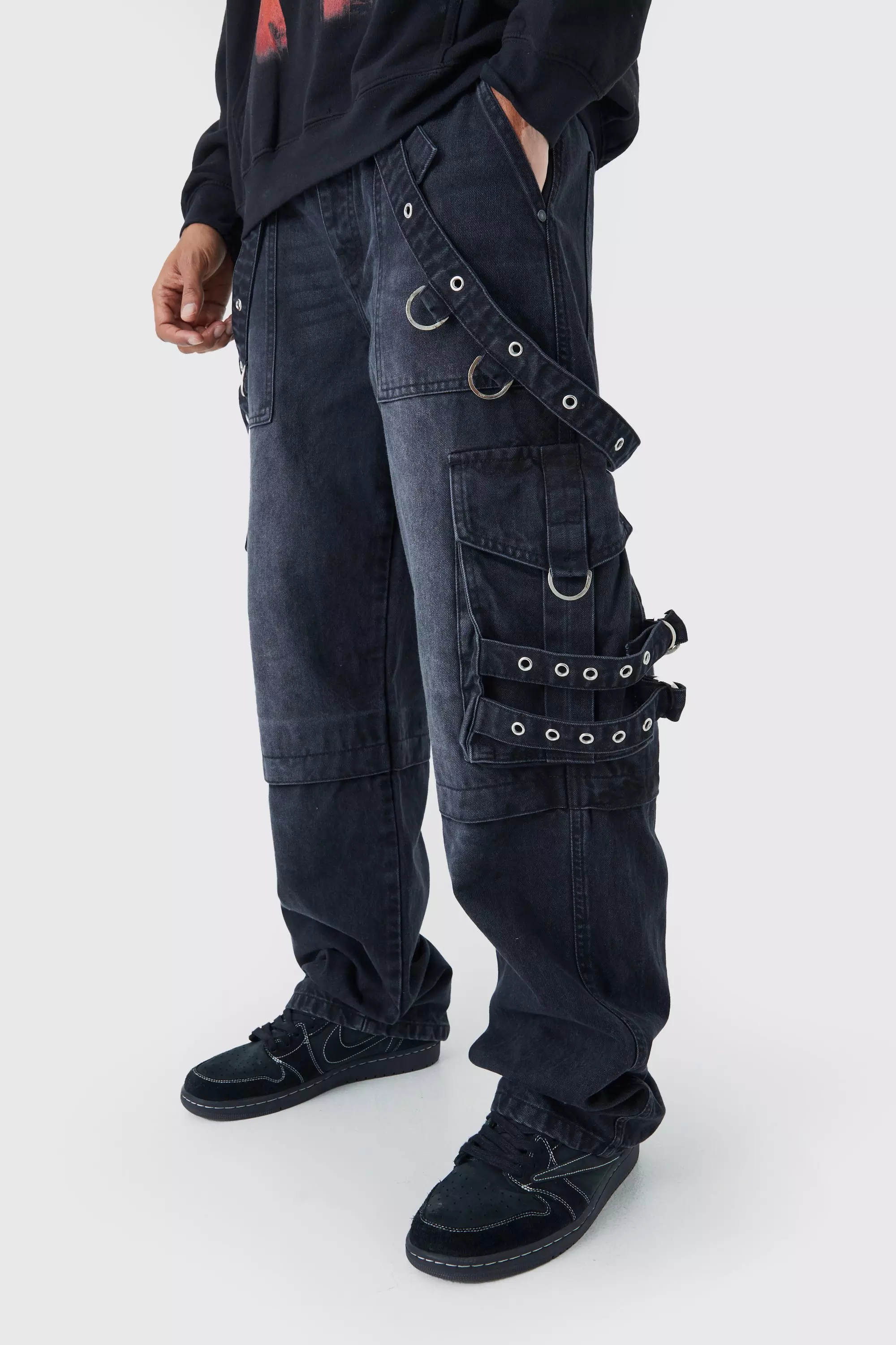 Grey Baggy Rigid Cargo Strap Jeans In Washed Black