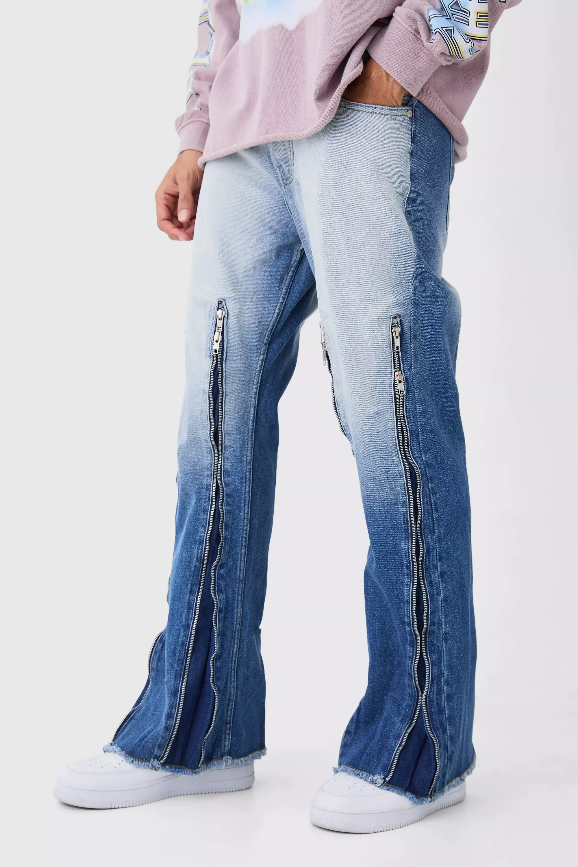 Brown Relaxed Rigid Flare Multi Zip Gusset Jeans In Light Blue