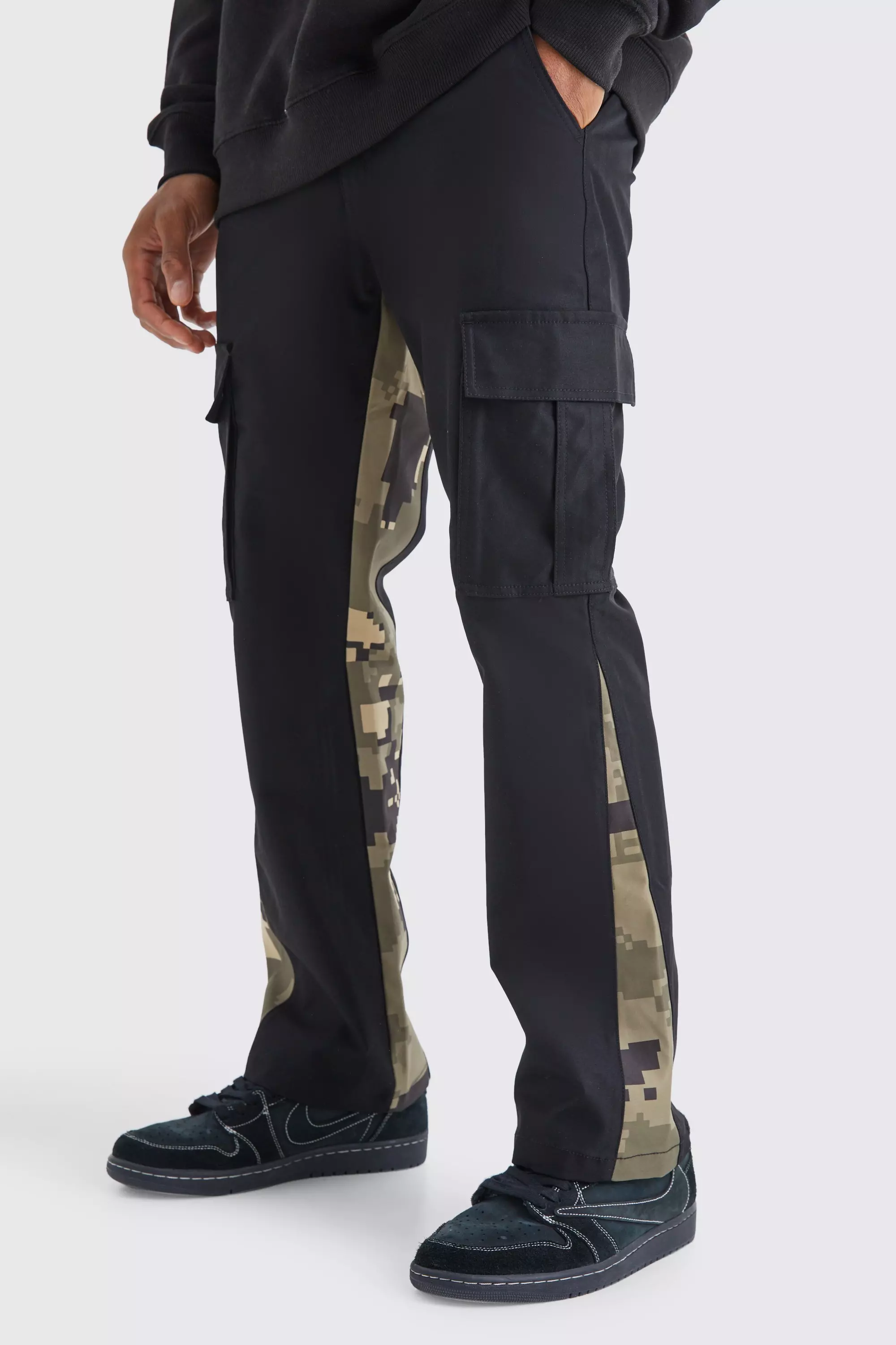 Black Slim Flare Pixel Camo Gusset Cargo Pants