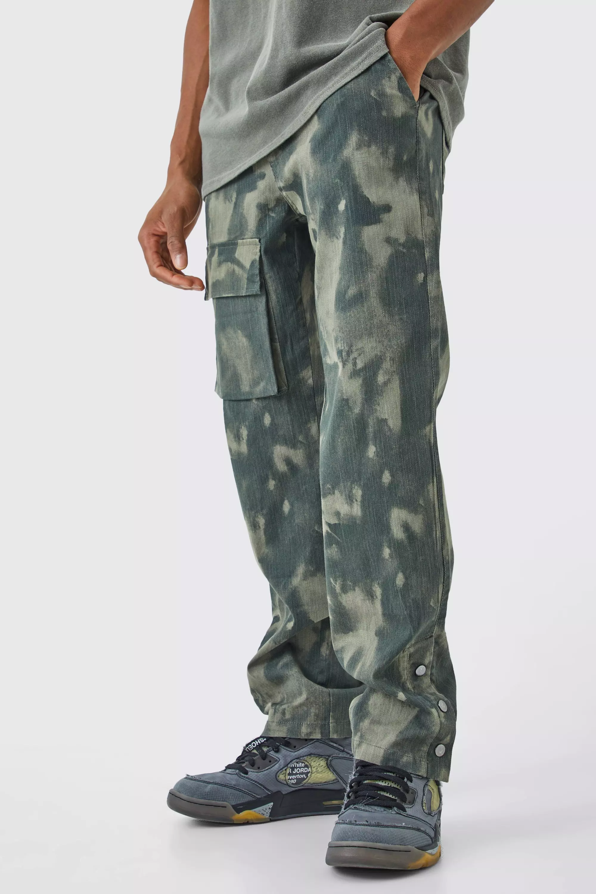 Slim Smoke Camo Cargo Pants With Popper Hem Khaki