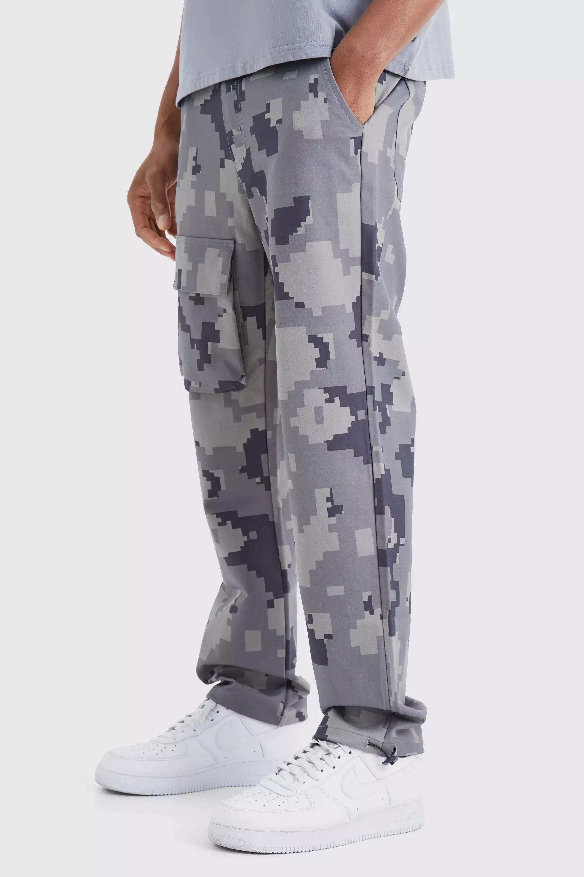 Charcoal Grey Straight Leg Pixel Camo Cargo Pocket Trouser