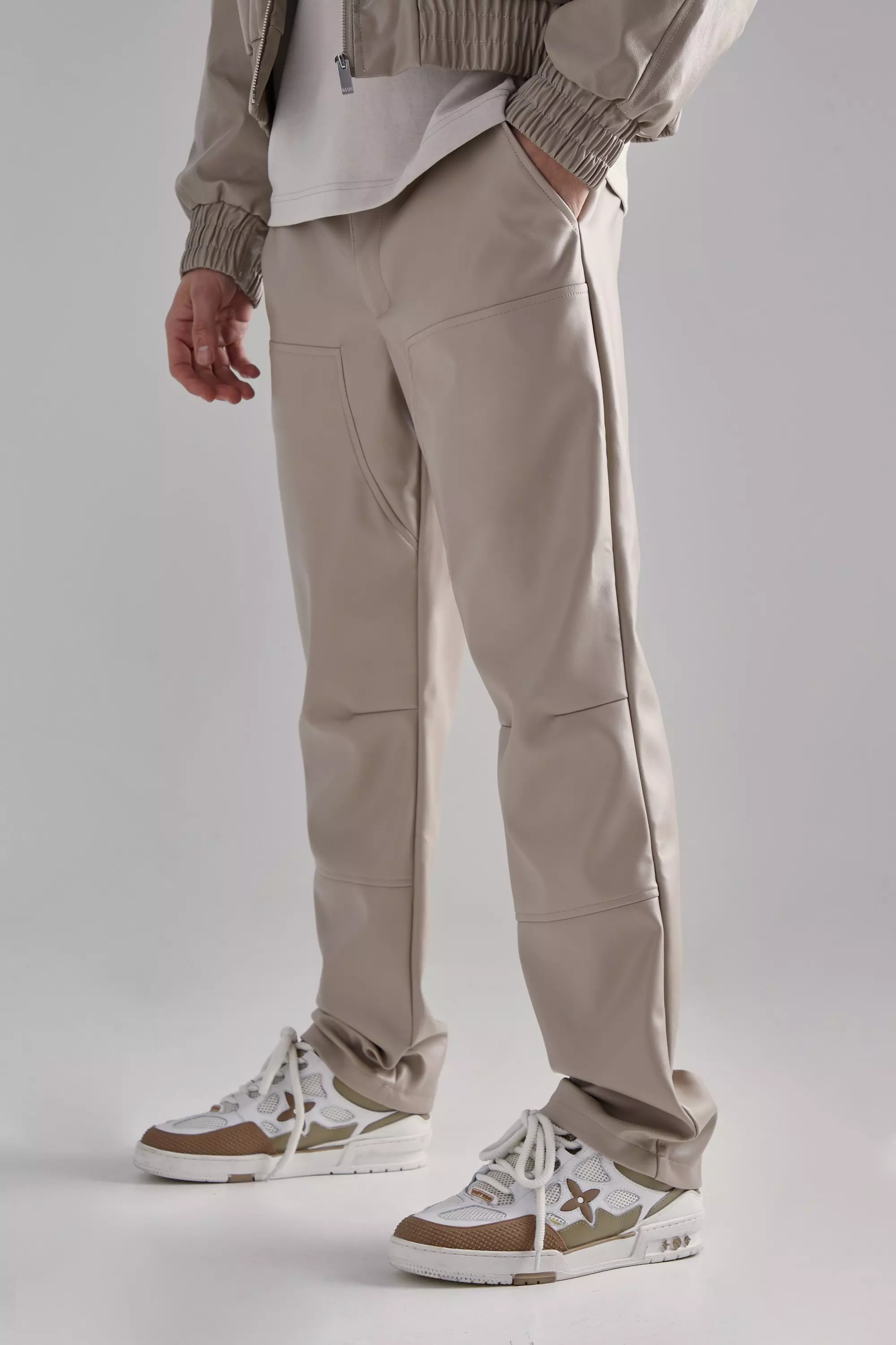 Stone Beige Pu Straight Leg Suit Trousers
