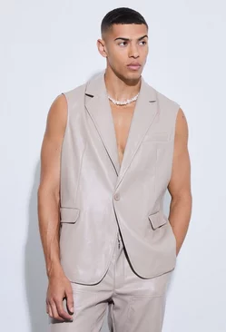 Stone Beige Sleeveless Pu Single Breasted Suit Jacket
