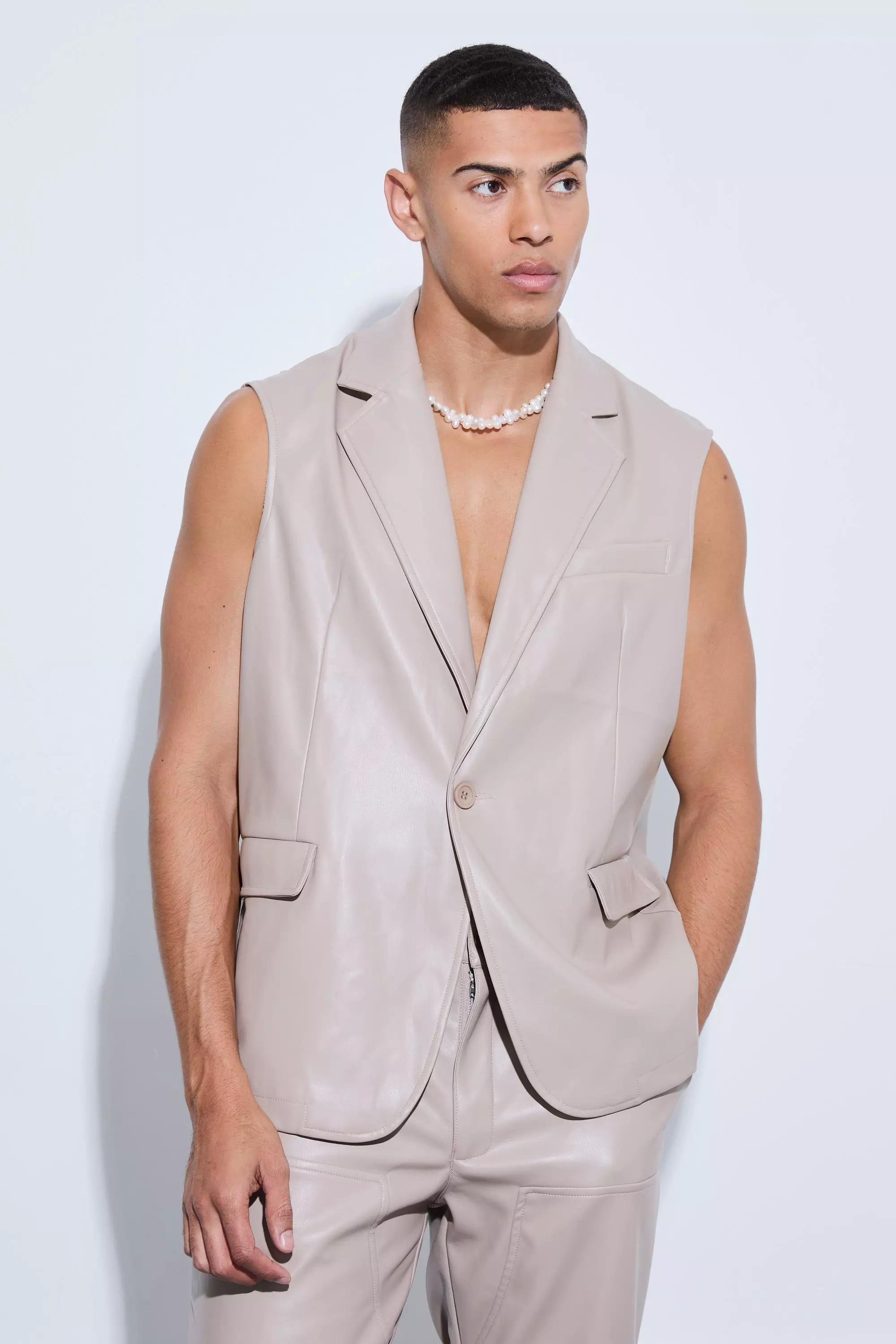 Stone Beige Sleeveless Pu Single Breasted Suit Jacket