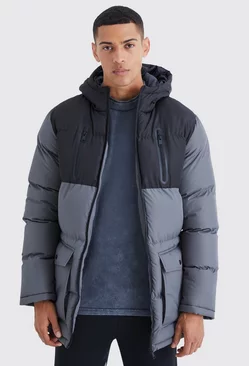 Charcoal Grey Colour Block Hooded Puffer Parka