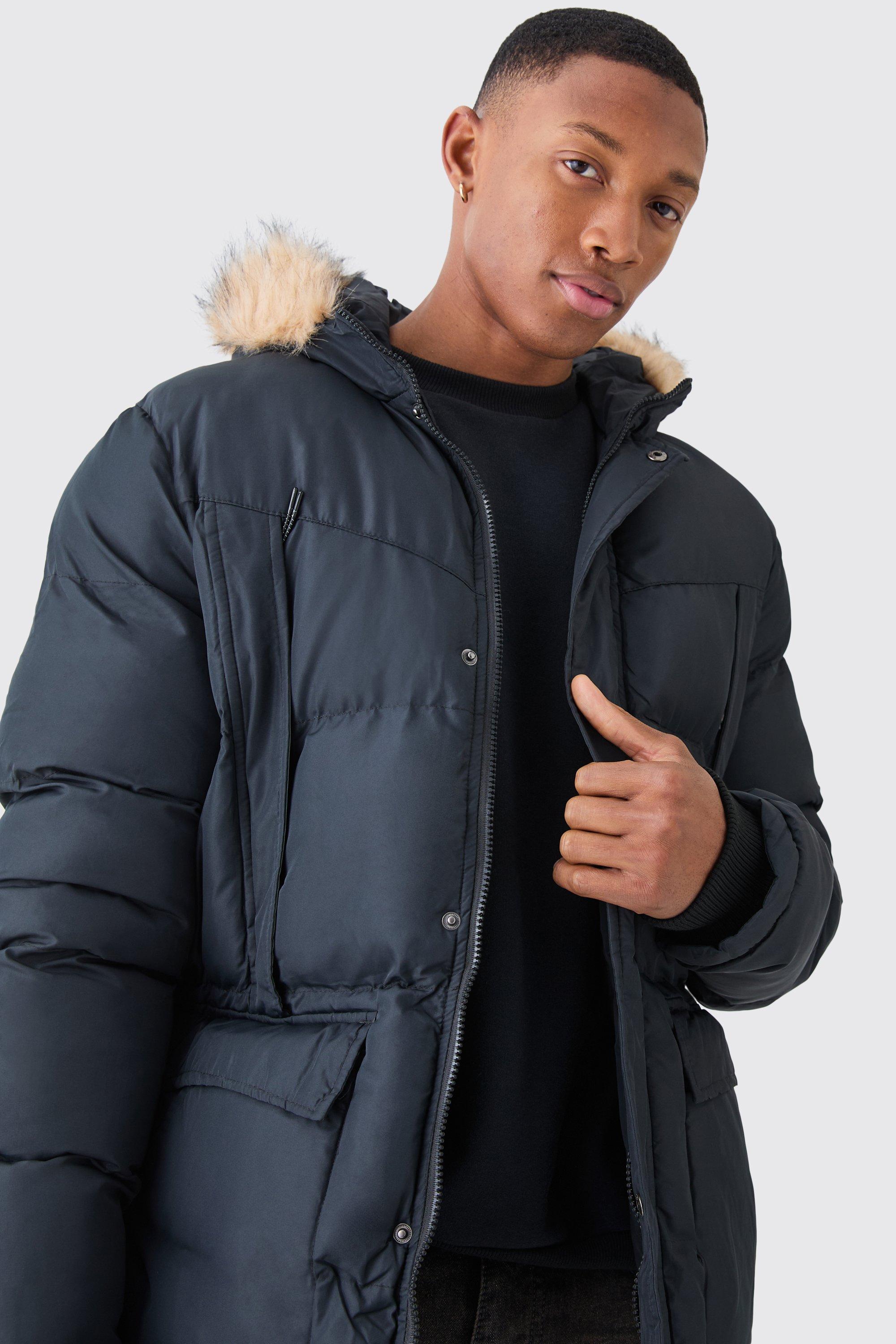 Men's hooded puffer jacket with faux fur clearance trim