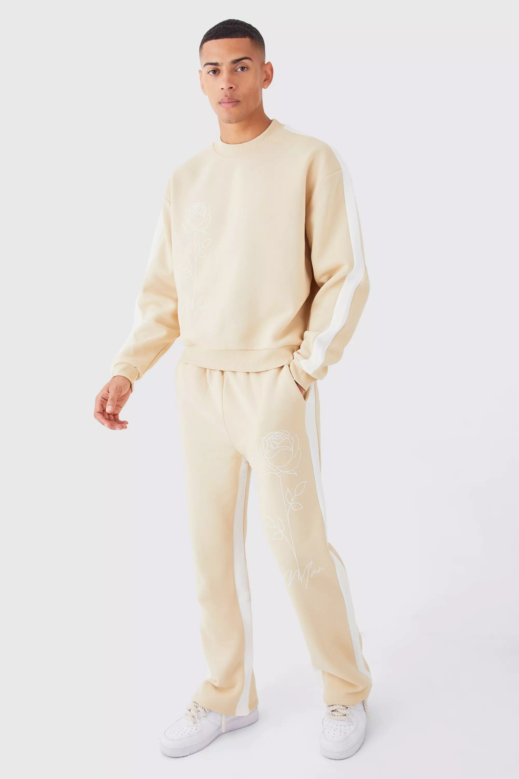 Stone Beige Man Rose Print Gusset Sweatshirt Tracksuit